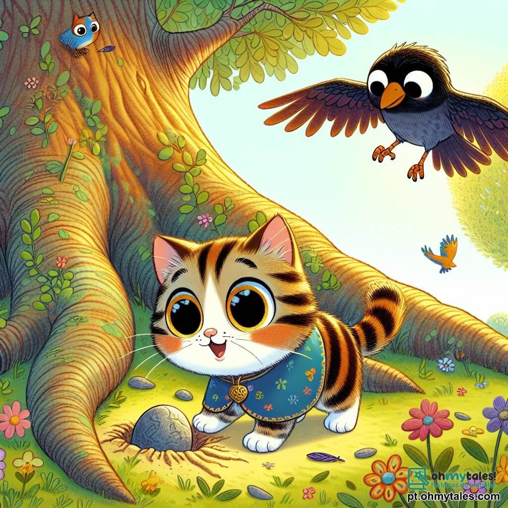 Um pequeno gato chamado Miau, com um pelo macio e listrado de cores vivas, expressa grande curiosidade e excitação, seus olhos brilhantes examinando o chão em busca de uma pedra mágica. Ao seu lado, a sábia corvo Sabiá, com grandes penas marrons e olhos redondos, voa levemente acima dele, observando atentamente os arredores, pronta para dar conselhos. Eles estão aos pés de um majestoso velho carvalho, cujos galhos se estendem como braços protetores, cercado por flores coloridas e um suave raio de sol filtrando através das folhas. A cena principal mostra Miau descobrindo a pedra da sabedoria escondida entre as raízes do carvalho, enquanto Sabiá voa alegremente, pronta para celebrar a descoberta juntos.