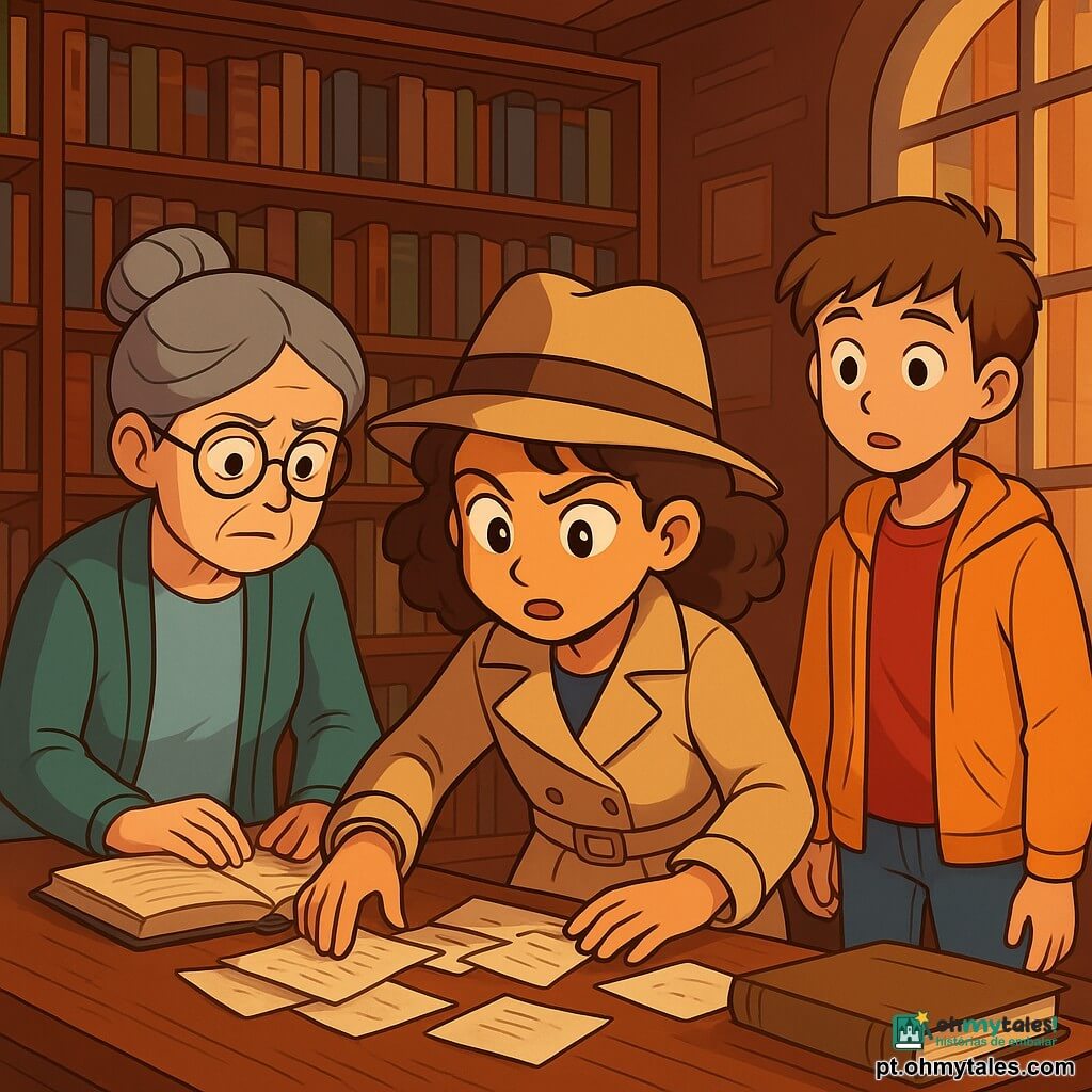 Uma jovem detetive, Aurora, de cerca de 10 anos, com cabelos castanhos cacheados e olhos brilhantes de curiosidade, está no centro da biblioteca. Ela usa um trench coat bege e um chapéu de detetive, com um rosto que expressa intensa concentração e leve excitação. Ao seu lado, uma bibliotecária idosa, Dona Letícia, de cerca de 60 anos, com óculos redondos e cabelo grisalho preso em um coque, observa com preocupação livros espalhados sobre uma mesa. Um garoto, Caio, de cerca de 12 anos, com cabelos castanhos e roupas coloridas, observa a cena com um olhar curioso, em pé perto de uma estante. A biblioteca é ampla, com paredes de madeira escura, estantes cheias de livros antigos e uma luz suave filtrando através de grandes janelas, criando uma atmosfera misteriosa. Aurora examina pedaços de papel espalhados na mesa, procurando pistas sobre uma carta desaparecida, enquanto Dona Letícia parece ansiosa, e Caio, intrigado, se inclina para ver melhor.