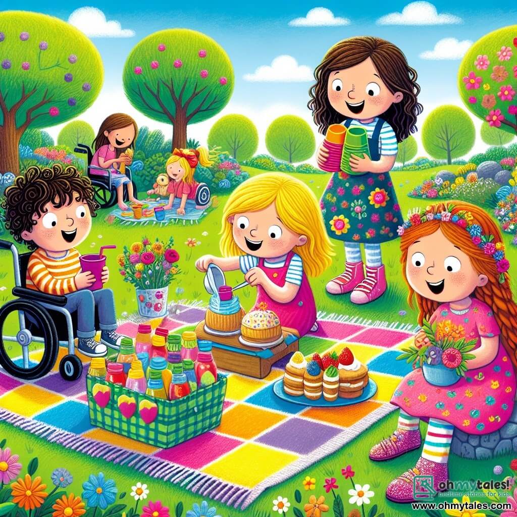 In a sunny park, four children gather around a large, colorful blanket spread out on the green grass. Charlie, a six-year-old boy with curly hair and a striped shirt, is standing and making sandwiches. Emma, a six-year-old girl in shiny shoes and a floral dress, is pouring juice into colorful cups with a big smile. Sam, a six-year-old boy in a wheelchair, sits on the blanket holding a plate of cookies while laughing with his friends. Lily, a six-year-old girl with a multicolored backpack and braided hair, is arranging a bouquet of wildflowers she picked, proudly showing them to her mom. The park is filled with colorful flowers, majestic trees, and a bright blue sky, creating a joyful and festive atmosphere. The children are preparing a surprise for Mother's Day, eager to unveil their special picnic to their moms, who arrive with delighted smiles.
