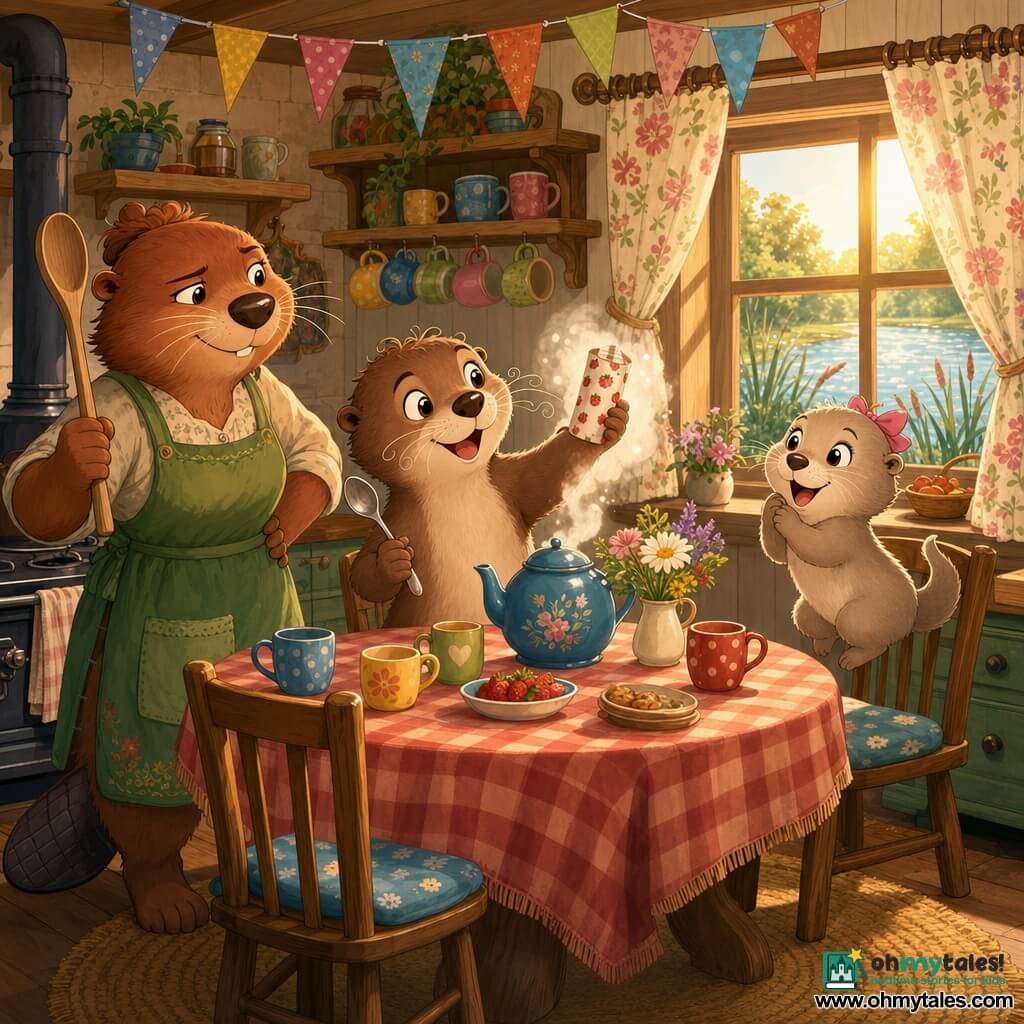 Pip, a young anthropomorphic otter, joyful with slightly curled whiskers, light brown fur and cream belly, holds a spoon and pulls a small strawberry-patterned paper scroll from the steam of a blue teapot; Nola, an adult beaver friend with reddish fur and a visible flat tail, stands left by the stove holding a large wooden spoon, stern but kind; Miri, the tiny bubbly otter sister with paler fur and wide eyes, jumps impatiently on a chair to the right; the warm rustic kitchen has a round wooden table with a red checkered cloth, colorful cups on shelves, a floral curtain, an open window showing a silver river and reeds, and bunting overhead; the scene captures a birthday-morning moment as a surprise message floats in the teapot steam, bathed in golden light, centered on the characters, in a bright, simple, childlike vector style with a joyful gentle mood.
