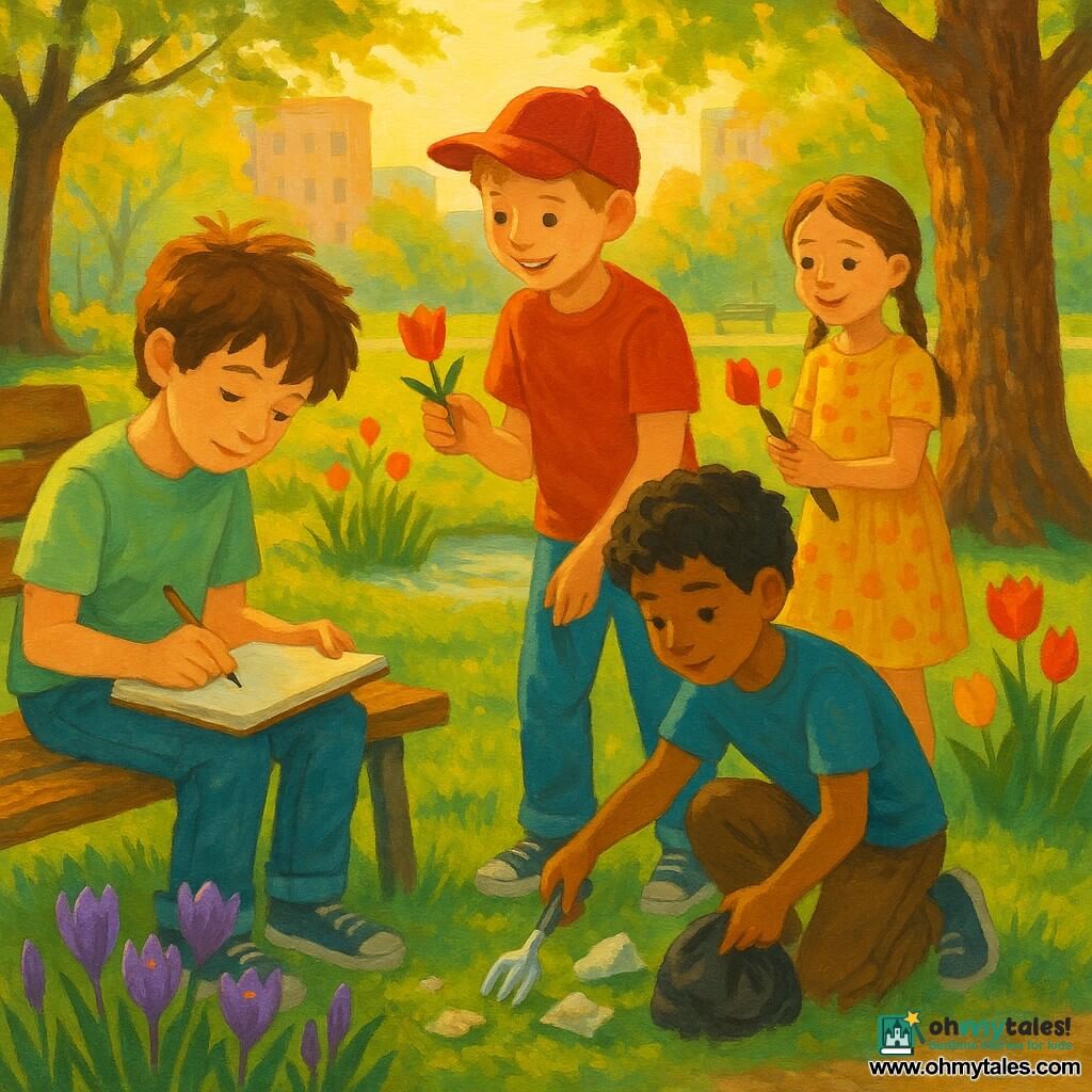 Four children in an urban spring park in golden morning light: a boy (~11) with messy brown hair in a light green t‑shirt and jeans sits on a worn wooden bench drawing crocuses in a notebook; another boy (~10) with short blond hair and a red cap stands smiling, holding a tulip petal; a boy (~11) with tan skin and curly black hair sits on the ground collecting litter into a small bag; a girl (~8) with chestnut braids in a yellow floral dress stands by a young oak, clapping and holding a small gardening trowel; green lawn dotted with purple crocuses and red and yellow tulips, a small pond with reeds behind, a light gravel path and blurred buildings in the background — a calm, colorful scene of spring, curiosity and caring for the park.