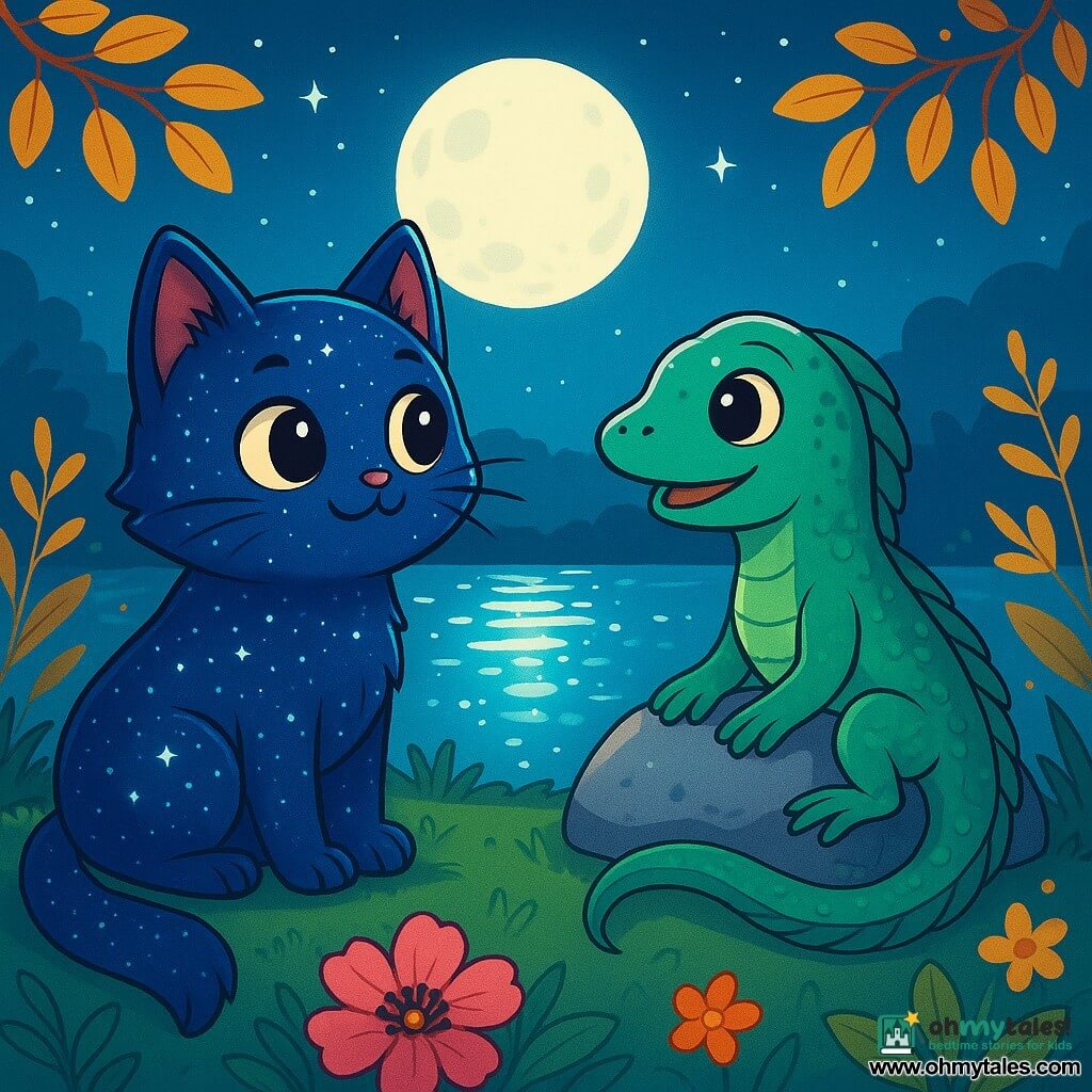 A cat with fur as shiny as the starry sky, with sparkling curious eyes, sits by a shimmering pond. It has a dreamy and amazed expression, its delicate paws grazing the soft grass. Next to it, a newt with emerald green scales, a wavy tail, and deep ocean-like eyes smiles at the cat. They are both on a smooth stone, surrounded by colorful flowers and golden leaves fallen from the trees. The place is bathed in the soft light of the moon, reflecting on the water and creating a magical scene. The main situation shows the cat and the newt sharing stories under the moonlight, a moment of connection and friendship in an enchanting setting.