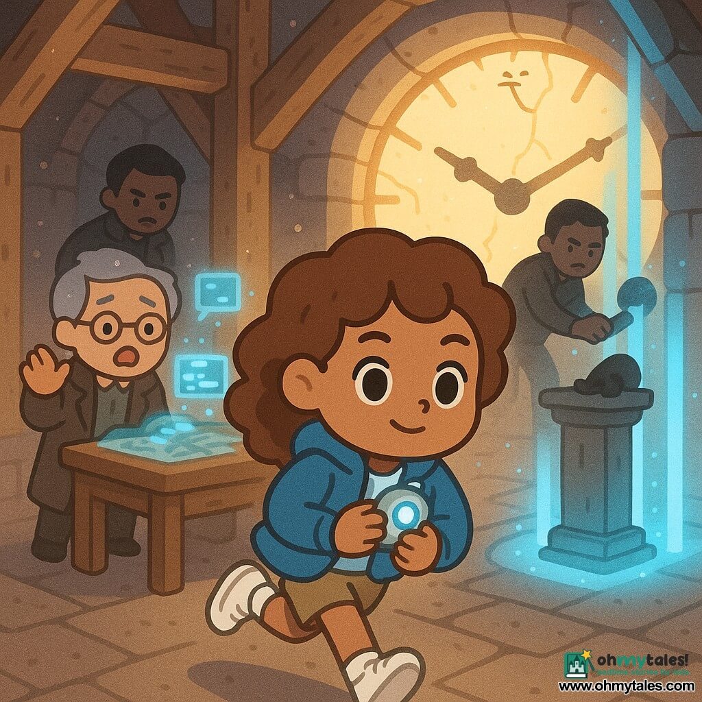 A 12-year-old girl with sparkling wide eyes, curly chestnut hair, a determined smile, blue jacket and white sneakers clutches a small silver glowing device (the timekeeper) to her chest while protecting an ancient parchment on a pedestal and running toward a barn in the background; behind her stands the kindly serious Professor Thaddeus, about 60, gray hair and dark coat, by a large wooden table strewn with maps and holograms, while a menacing 30-year-old member of the enemy faction in dark clothing advances toward an old document on another pedestal; the scene is inside an old stone clock tower with large wooden beams, a broken luminous clock face, drifting dust, warm light mixed with blue portal beams, dynamic composition, pastel-contrasting colors (electric blue, warm brown, gold), soft shadows and clean rounded lines.