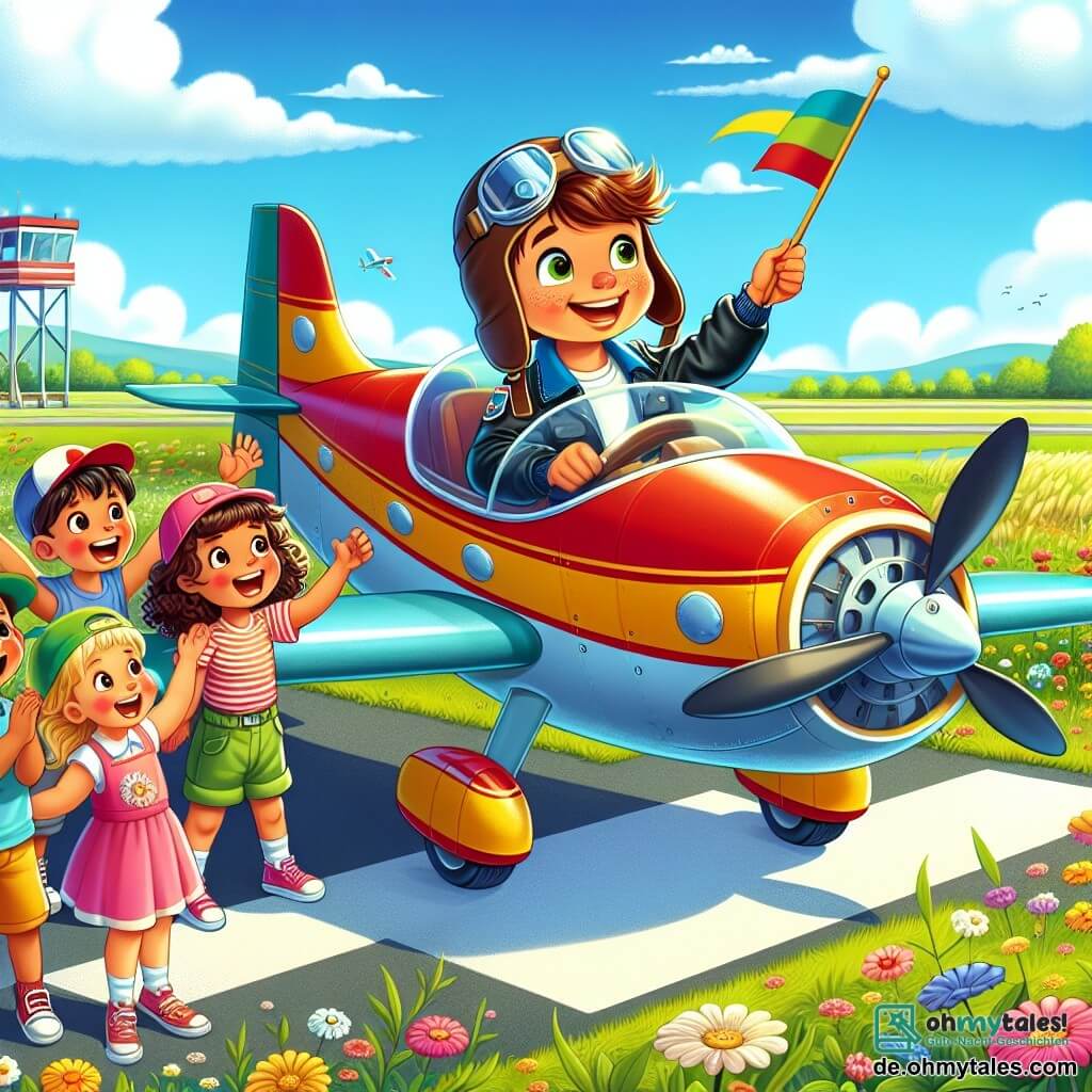 Ein etwa 10-jähriger Junge namens Tom sitzt im Cockpit eines kleinen rot-gelben Flugzeugs namens Lulu. Er trägt eine große Pilotenmütze und eine blaue Jacke, sein Gesicht strahlt Freude und Aufregung aus, während er durch das Cockpitfenster schaut, bereit zum Abheben. Draußen steht eine Gruppe von fünf Kindern im Alter von 6 bis 10 Jahren auf der Landebahn. Sie lächeln alle und schwenken bunte Fahnen. Ein Mädchen mit lockigem Haar und einem rosa Kleid schreit vor Freude und hebt die Arme. Ein anderer Junge mit einer grünen Mütze und einem blauen T-Shirt zeigt fasziniert auf das Flugzeug. Der Ort ist ein schöner, sonniger Flugplatz, umgeben von grünen Feldern und bunten Blumen. Der Himmel ist strahlend blau mit einigen flauschigen weißen Wolken, und das Flugzeug ist bereit, auf der Betonpiste abzuheben. Die Hauptsituation zeigt Tom, den jungen Piloten, der sich auf seinen ersten Flug vorbereitet, während die Kinder ihn anfeuern und mit leuchtenden Augen voller Aufregung beobachten.