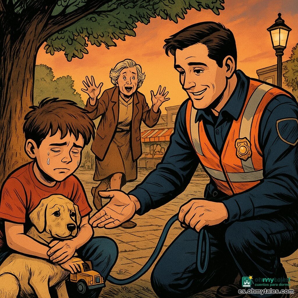 Hombre adulto (Tomás), expresión calmada y reconfortante, sonrisa suave, cabello castaño corto, uniforme de policía con chaleco reflectante naranja, correa azul en la mano derecha, agachado y tendiendo la mano hacia un niño; perra Niebla, hembra de pelaje crema, sentada junto a Tomás apoyando la cabeza en la rodilla del niño; niño Leo, unos 7 años, con lágrimas pero relajándose, cabello castaño despeinado, abrazando un camión de juguete, sentado bajo un gran árbol a la izquierda de Tomás; mujer mayor Carmen, unos 65 años, aliviada y con las manos levantadas hacia Leo, con abrigo sencillo y bolsa de compras, corriendo desde la avenida del mercado al fondo; lugar: pequeña plaza urbana con gran árbol, bancos, farol encendido, empedrado y puestos de mercado difuminados; luz de tarde naranja-rosada; situación: escena emotiva y tranquila donde el policía ayuda a un niño perdido a reencontrarse con su abuela, estilo gráfico claro, colores cálidos y contraste suave, rasgos nítidos y expresiones legibles para niños.