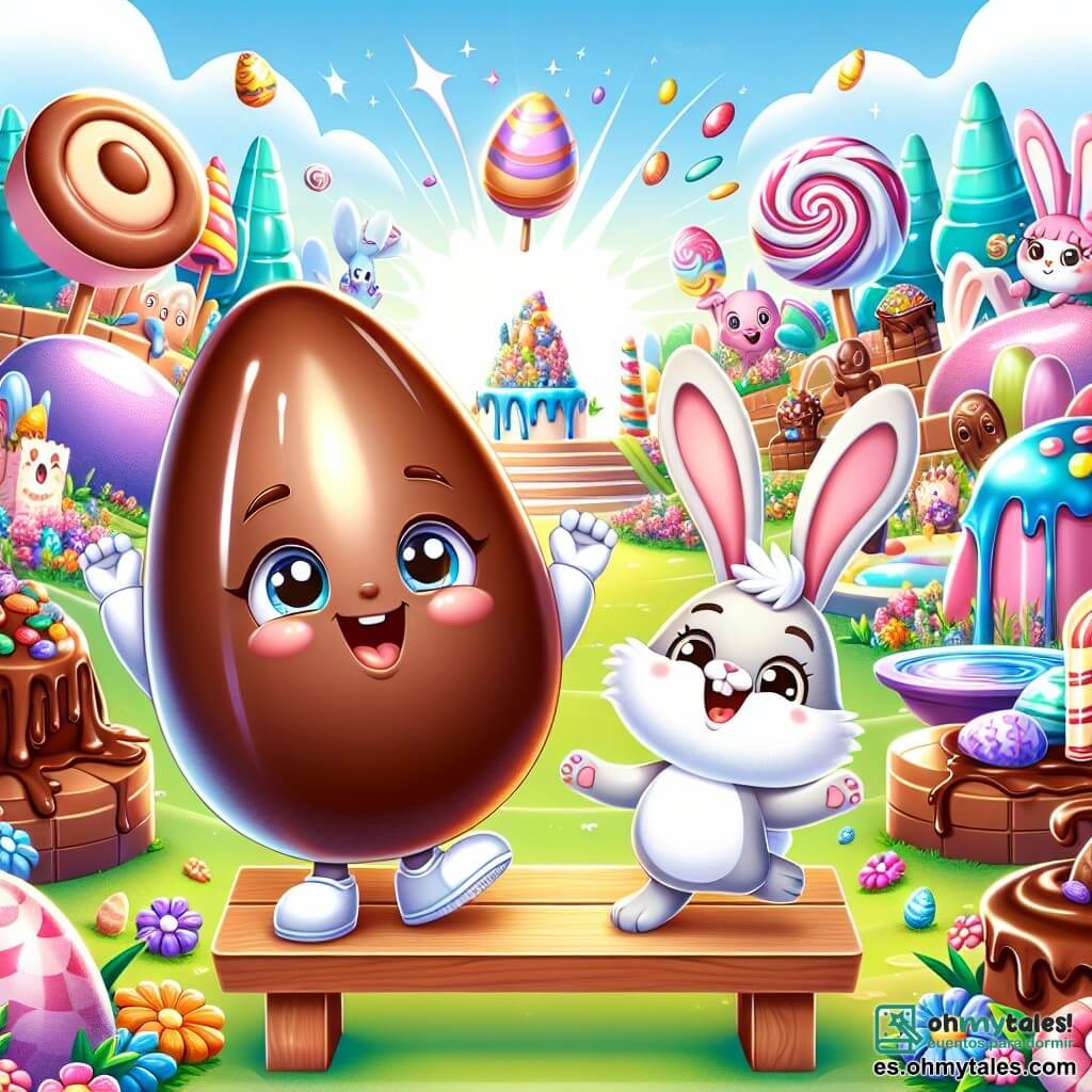 Huevoito, un pequeño huevo de chocolate con una cáscara brillante y una gran sonrisa, está de pie en un banco en un parque colorido, con los brazos levantados en señal de victoria, irradiando alegría y emoción. A su lado, Conejito, un adorable conejito de pelaje blanco y grandes orejas, salta de alegría, con los ojos brillantes de entusiasmo, sosteniendo un huevo de Pascua en sus patas. El parque está lleno de flores multicolores, fuentes de chocolate y grandes árboles de caramelos, creando una atmósfera mágica y festiva. En el fondo, amigos en forma de caramelos y pasteles se divierten buscando huevos escondidos en los arbustos. La escena muestra a Huevoito y Conejito celebrando el final de la gran búsqueda de huevos, rodeados de un ambiente alegre y colorido, con risas y destellos de luz.