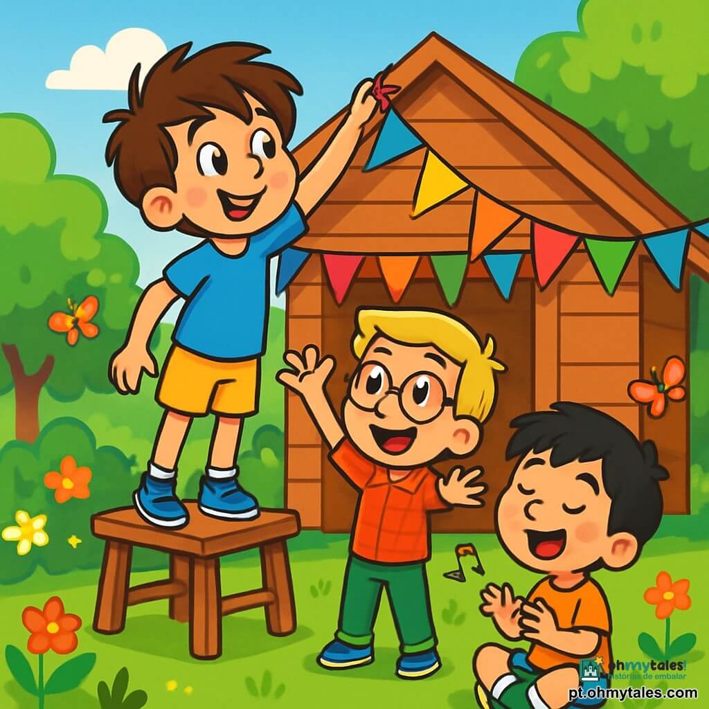 Há 3 personagens: Tomás: um menino de 7 anos, com cabelo castanho bagunçado e olhos brilhantes. Ele usa uma camiseta azul e um short amarelo, está em um pequeno banco, estendendo o braço para pendurar uma faixa de guirlanda colorida. Lucas: um menino de 8 anos, com cabelo loiro e óculos redondos. Ele veste uma camisa xadrez vermelha e uma calça verde, está embaixo do banco, levantando os braços para cima com um grande sorriso, incentivando Tomás. Miguel: um menino de 7 anos, com cabelo negro e sardas. Ele usa uma camiseta laranja e um short azul, está sentado na grama, cantando alegremente, batendo as mãos no ritmo. A cena se passa em um jardim ensolarado, cheio de flores coloridas e árvores verdes. Ao fundo, uma cabana de madeira decorada com guirlandas de papel multicoloridas flutua suavemente ao vento. A grama é verde vibrante e borboletas voam ao redor das crianças. Tomás, um pouco nervoso mas determinado, está pendurando a última faixa de guirlanda, enquanto Lucas o incentiva entusiasticamente e Miguel canta uma melodia alegre, criando uma atmosfera festiva e amigável.
