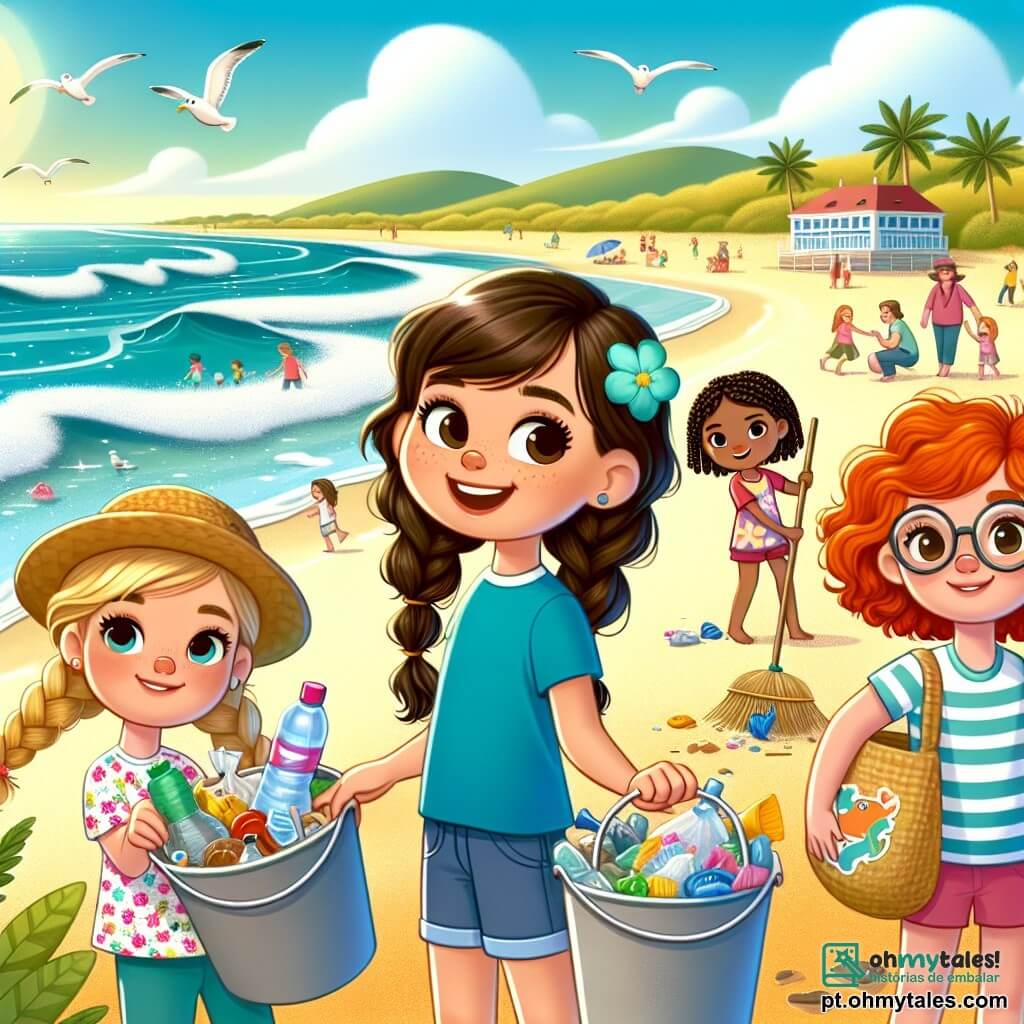 Quatro meninas de 10 anos estão em uma praia ensolarada, cercadas por areia dourada e ondas cintilantes. Lara, com cabelos castanhos ondulados e uma camiseta azul, sorri segurando um balde cheio de lixo plástico. À sua direita, Sofia, com cabelos loiros trançados e um vestido florido, mostra um cartaz colorido que diz "Protejamos nosso planeta!" À esquerda, Mia, com óculos e cabelos ruivos, está recolhendo lixo com luvas, concentrada em sua tarefa. Por fim, Júlia, com cabelos negros e cacheados, usa um chapéu de palha e observa as ondas, com uma expressão determinada. As meninas participam de um grande mutirão de limpeza da praia, recolhendo lixo para proteger o meio ambiente, mostrando que pequenas ações podem fazer uma grande diferença para o planeta.