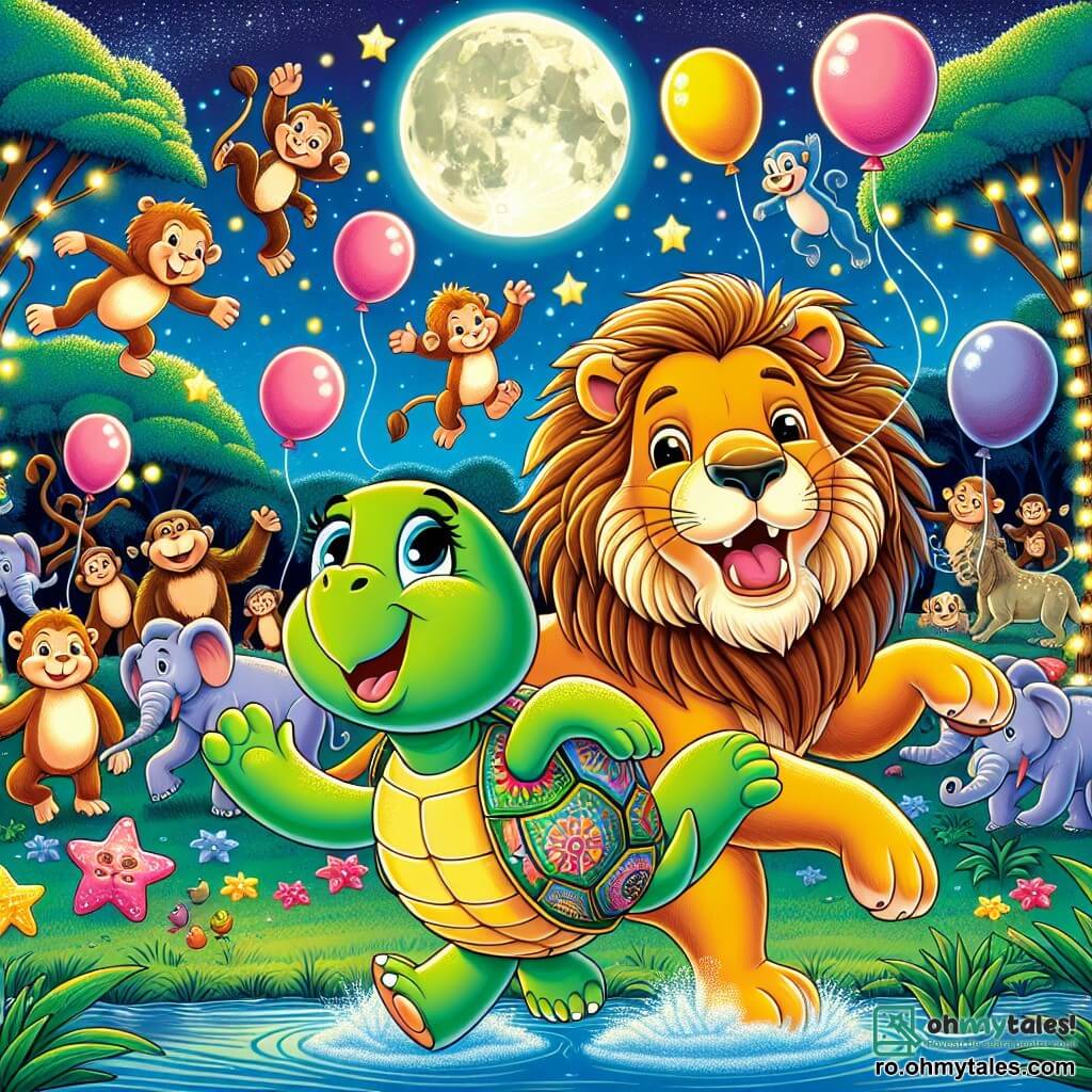 O broască țestoasă numită Titi, cu un carapace verde decorată cu motive colorate, zâmbește cu ochii strălucitori de curiozitate, fuguind vesel printr-un parc zoologic luminat de lună. Alături de ea, un leu măreț numit Leo, cu o coamă aurie strălucitoare, dansează cu entuziasm, picioarele sale puternice mișcându-se grațios pe iarba moale. În fundal, un grup de maimuțe jucăușe se distrează lăsând să zboare baloane roz, în timp ce un gorilă observă scena cu un zâmbet amuzat, așezat pe o ramură de copac. Parcul este plin de culori vii, cu copaci luxurianți, lumini strălucitoare și animale vesele, creând o atmosferă festivă și magică. Principala situație arată pe Titi și Leo dansând împreună sub stele, înconjurați de prietenii lor animale, sărbătorind o noapte de aventură și râsete.