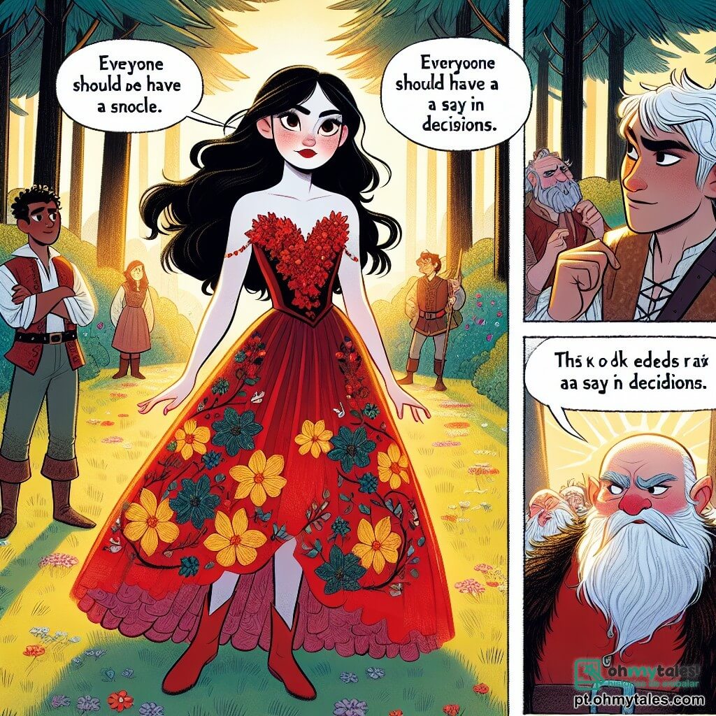 Branca de Neve, uma jovem de pele de porcelana e cabelos negros como ébano, está no centro da clareira, com um olhar determinado. Ela veste um vestido vermelho vibrante, adornado com padrões florais, e seus olhos brilham com esperança. À sua direita, Joyeux, um dos sete anões, um homem pequeno com um sorriso contagiante e barba branca, a observa com admiração, enquanto à sua esquerda, Grincheux, um anão de expressão carrancuda, cruza os braços, parecendo cético. A cena acontece em uma clareira ensolarada, cercada por árvores majestosas e flores coloridas que dançam com a brisa. Branca de Neve, corajosa, sugere que todos tenham voz nas decisões, desafiando tradições antigas, enquanto os anões a escutam, intrigados e perplexos.
