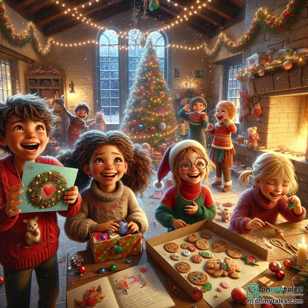 In een grote, warme zaal van het weeshuis staan vijf kinderen samen, omringd door glinsterende kerstdecoraties. Lotte, een negenjarig meisje met krullend kastanjebruin haar en sprankelende ogen, glimlacht vrolijk terwijl ze een kleurrijke kaart vasthoudt. Naast haar houdt Thomas, een tienjarige jongen met rommelig zwart haar en een grote glimlach, een doos koekjes vast die hij heeft gebakken. 

Naast hen bewondert Clara, een achtjarig meisje met blonde vlechten en een rode trui, een kerstbal die ze heeft geschilderd. Verderop toont Max, een zevenjarige jongen met een bril en blond haar, trots een cadeau dat hij heeft gemaakt. Tot slot danst Sophie, een zesjarig meisje met twee staartjes en een kerst muts, vrolijk terwijl ze slingers vasthoudt.

De zaal is gevuld met licht, met een grote stenen open haard waar het vuur zachtjes knispert, en in het midden staat een enorme kerstboom versierd met kleurrijke ballen en glinsterende slingers. Buiten vallen er zachtjes sneeuwvlokken, wat een magische sfeer creëert.

De kinderen, met stralende gezichten van blijdschap, bereiden handgemaakte cadeaus voor de ouderen van het dorp, terwijl ze lachen en kerstliederen zingen, wat de ware magie van het seizoen illustreert.