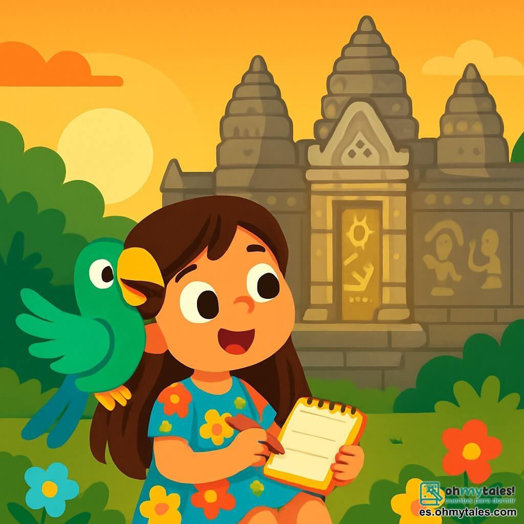 Hay 2 personajes principales: Sofía, una niña de 8 años con largos cabellos castaños y ojos brillantes, que lleva un vestido colorido con motivos de flores y sostiene un pequeño cuaderno en sus manos, lista para dibujar; y Leo, un loro hablante de plumas vibrantes verdes y azules, posado en el hombro de Sofía, con una mirada traviesa y muy entusiasta. La escena principal transcurre en el majestuoso templo de Angkor Wat, con grandes piedras grises adornadas con esculturas detalladas. El sol se pone en el horizonte, proyectando sombras doradas sobre las paredes del templo, rodeado de árboles exuberantes y flores coloridas que añaden un toque de magia. Sofía y Leo están sentados frente al templo, maravillados por la luz dorada del atardecer, mientras las piedras brillan suavemente y antiguos patrones parecen cobrar vida, contando historias misteriosas. Sofía escucha atentamente, con los ojos muy abiertos, mientras Leo le explica la leyenda del templo.