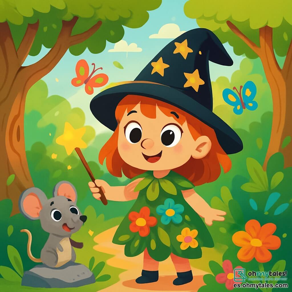 Una pequeña bruja llamada Lila, con un gran sombrero negro adornado con estrellas doradas, se encuentra en el centro de la escena. Tiene grandes ojos brillantes de curiosidad y una sonrisa traviesa. Su vestido está hecho de hojas verdes y flores coloridas, y sostiene una pequeña varita de madera brillante. A su lado, una alegre ratoncita gris llamada Pipo, con grandes orejas y ojos vivos, mira a Lila con admiración. Pipo está sobre una piedra, lista para acompañarla en la aventura. El escenario es un bosque encantado, con árboles de troncos retorcidos, flores luminosas y rayos de sol filtrándose a través de las hojas. Mariposas coloridas vuelan alrededor, añadiendo un toque de magia a la atmósfera. Lila, intrigada por un murmullo misterioso en el viento, se prepara para elegir un camino en el bosque, con el corazón latiendo de emoción.