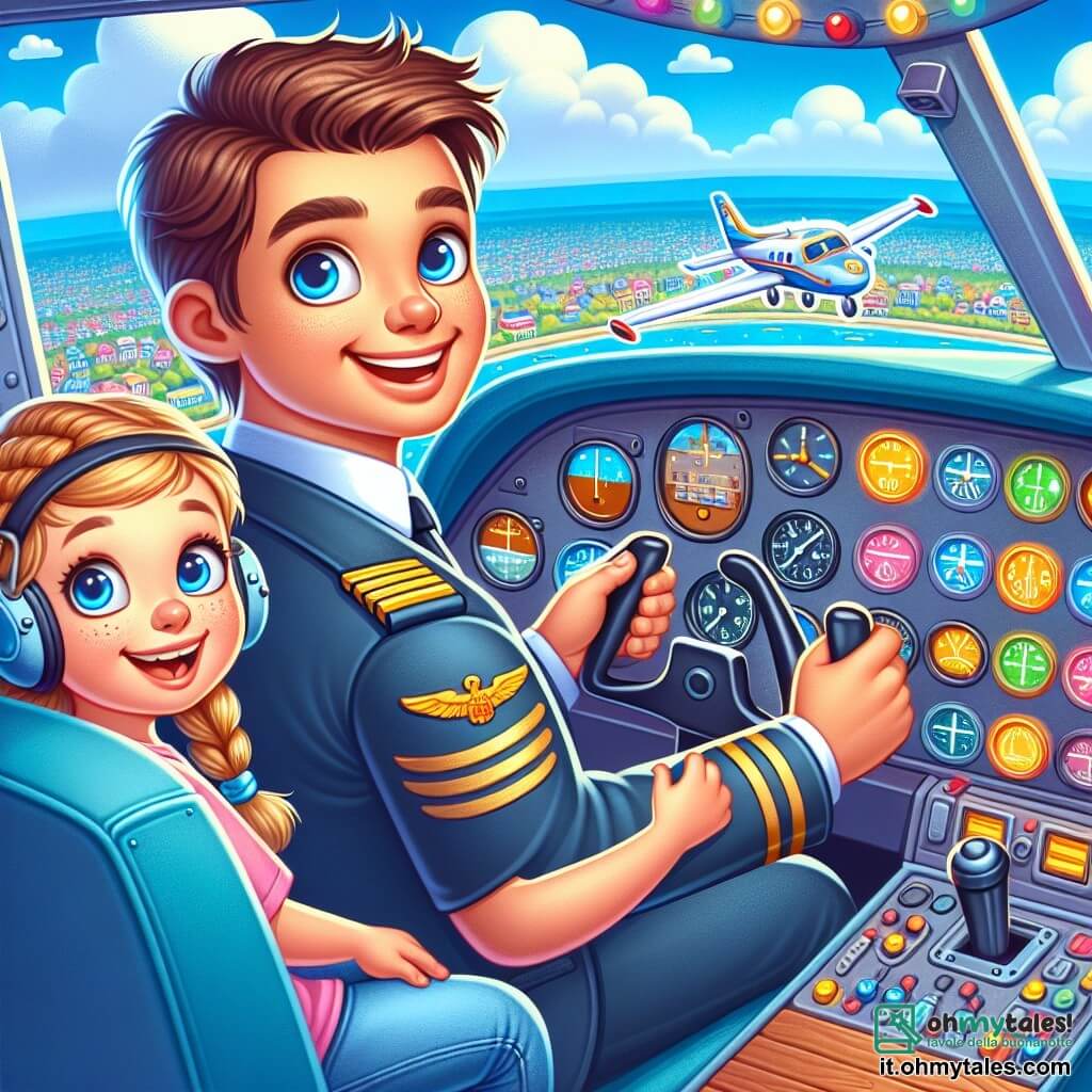 Un uomo, Luca, è nel cockpit di un piccolo aereo, con un ampio sorriso di orgoglio ed eccitazione. Indossa una divisa da pilota blu con spalline dorate, i capelli castani leggermente scompigliati dal vento. I suoi occhi brillano di entusiasmo mentre regola i comandi dell'aereo. Accanto a lui, una bambina di circa 8 anni, con capelli biondi e trecce, guarda fuori dal finestrino con occhi sgranati di curiosità. Indossa una maglietta rosa e un pantaloncino di jeans, tenendosi saldamente al sedile, meravigliata dalla vista. Il cockpit è pieno di luci lampeggianti e strumenti colorati, con un cruscotto in legno lucido. All'esterno, il cielo è di un blu splendente punteggiato da nuvole bianche e morbide, e sotto si intravede una città in miniatura con case colorate. La scena principale mostra Luca mentre decolla, l'aereo si solleva dolcemente nell'aria, mentre la bambina si meraviglia della vista incredibile che le si presenta, realizzando il suo sogno di volare.