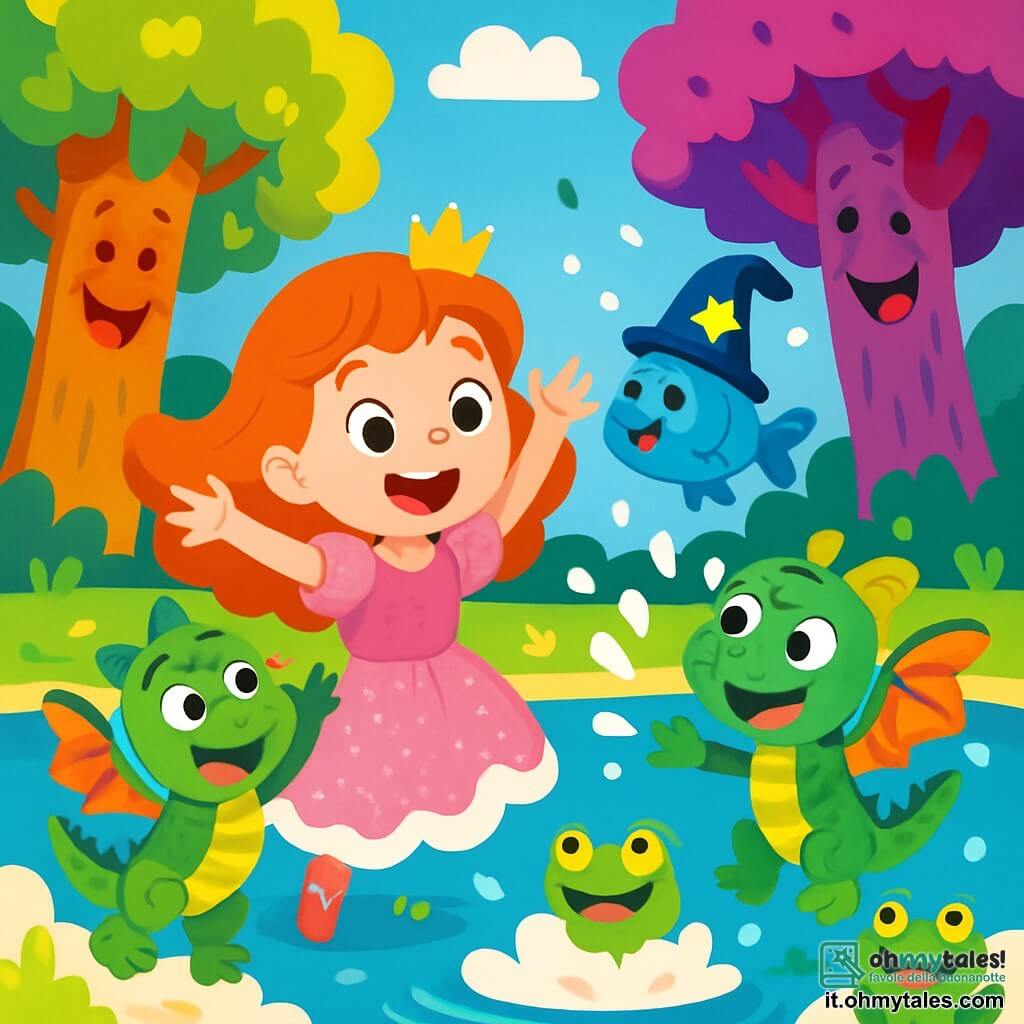 La principessa Fiammetta, una ragazza di circa 8 anni, ha capelli rossi vivaci che brillano al sole. Indossa un vestito rosa di zucchero filato, decorato con glitter scintillanti, e il suo viso è illuminato da un grande sorriso gioioso. Si trova sulla riva del Lago Gorgoglione, con le braccia alzate, pronta a catturare un pesce-puffo con un cappello magico. Accanto a lei, Pippo, un piccolo draghetto di 5 anni, ha squame verdi e ali colorate simili a farfalle. Salta di gioia, con gli occhi spalancati dall'eccitazione, cercando di afferrare il pesce-puffo con le sue piccole zampe. Il luogo è un lago magico circondato da alberi dai tronchi multicolori che ridono e cantano. L'acqua è di un blu brillante, coperta di panna montata, e ranocchiette canterine dai colori vivaci saltano intorno, indossando grandi occhiali. La scena principale mostra Fiammetta e Pippo che ridono, circondati da ranocchiette, mentre cercano di catturare il pesce-puffo che scappa spruzzando panna ovunque, creando un'atmosfera gioiosa e giocosa.