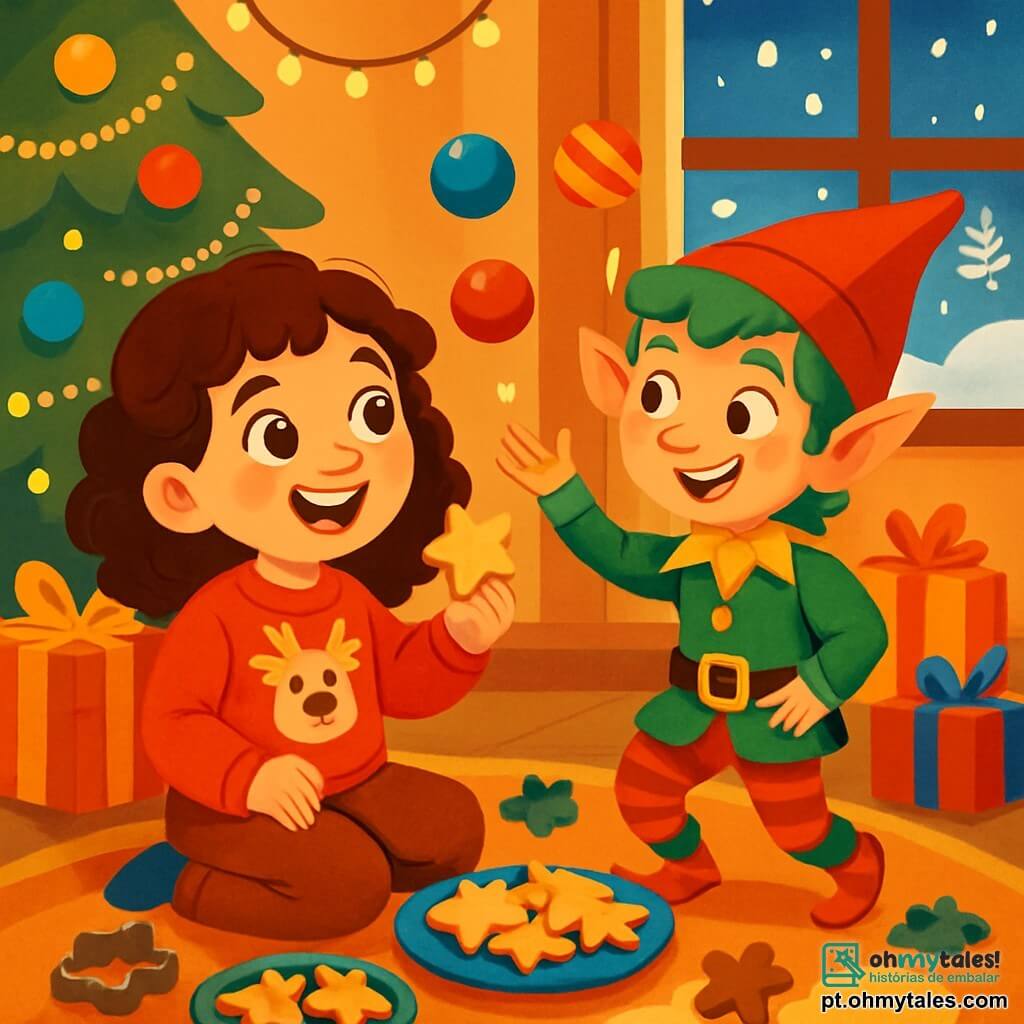 Uma menina de 8 anos, Laura, com cabelos cacheados castanhos e olhos brilhantes de curiosidade, está sentada no chão, cercada por decorações de Natal cintilantes. Ela usa um suéter vermelho com um padrão de rena e calças de veludo. Seu rosto irradia excitação e alegria enquanto segura um biscoito em forma de estrela, olhando com admiração para um duende travesso. O duende, um homem pequeno com cabelos verdes e pele levemente dourada, usa um chapéu vermelho pontudo e um traje colorido, fazendo bolas de Natal dançarem ao seu redor. Ele tem um sorriso travesso e seus olhos brilham de malícia. A cena ocorre em uma sala acolhedora, decorada com uma grande árvore de Natal iluminada, guirlandas cintilantes e presentes coloridos empilhados sob a árvore. Flocos de neve caem suavemente do lado de fora através de uma janela, adicionando um toque mágico ao ambiente. Laura e o duende estão preparando biscoitos de Natal, enquanto risadas e luzes cintilantes preenchem o ar, criando uma atmosfera festiva e alegre.