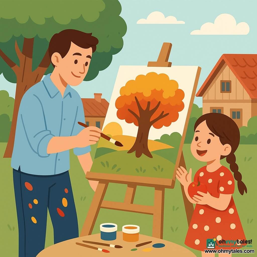 A young man (about 25), Leo, smiling and focused with short brown hair and rolled-up sleeves and paint‑splattered pants, holds a brush painting on an easel in front of a large leafy tree at sunset; an 8-year-old girl, Mia, joyful with braided hair in a red polka-dot dress, stands to his right holding an apple and applauding; a grassy village square with wooden tile-roof houses and a clear sky with light clouds; vibrant colors on the canvas, open paint pots and brushes nearby, soft luminous atmosphere.