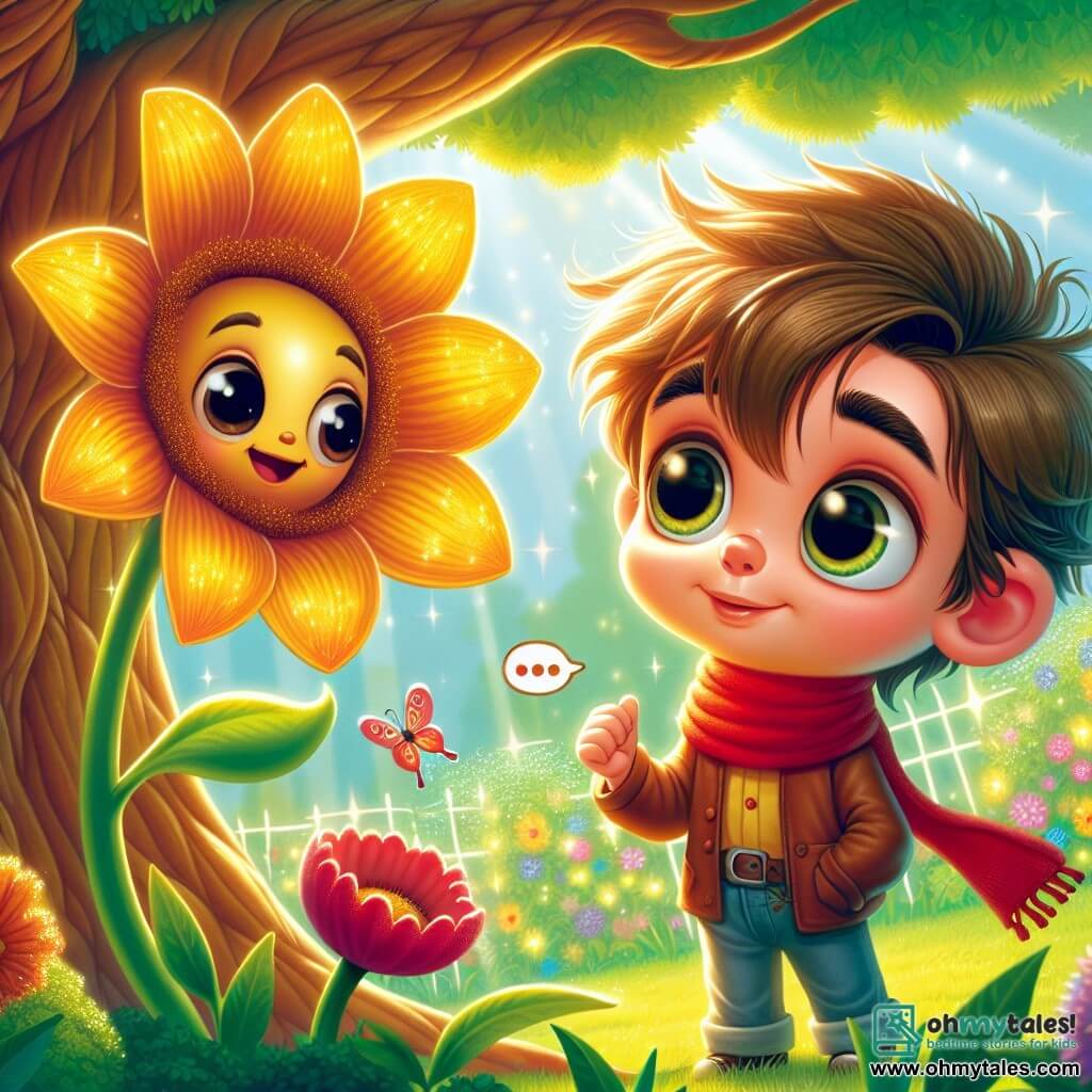 A 6-year-old boy named Leo, with big round eyes and messy brown hair, stands in the shade of a majestic tree. His face shows sparkling curiosity, and he wears a small red scarf that gently flutters in the wind. Next to him, a talking flower with golden petals and a warm smile asks him a question. The flower is child-sized and leans slightly towards Leo, encouraging him to explore. In the background, the garden sparkles in the sun, with bright colors and butterflies dancing around the flowers. Leo, with a look of wonder, reaches out to the flower, ready to discover the secret it holds.