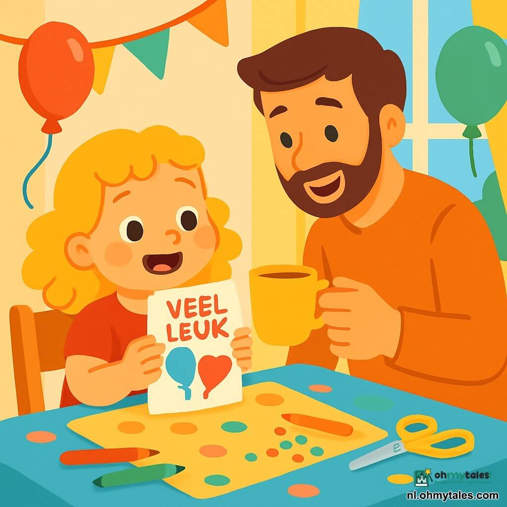Een 4-jarig meisje met krullend, goudkleurig haar, die glimlacht en vol vreugde is, zit aan een tafel bedekt met een mooi, gekleurd tafelkleed. Ze houdt een verjaardagskaart vast versierd met ballonnen en harten, haar ogen stralend van opwinding. Naast haar staat haar vader, een man van in de dertig met bruin haar en een zachte baard, die glimlacht terwijl hij haar een kop thee aanbiedt. Hij leunt iets naar haar toe met een zorgzame blik. De ruimte is licht, versierd met kleurrijke slingers en zwevende ballonnen, met een groot raam dat zonlicht binnenlaat. Op de tafel liggen knutselspullen verspreid: stiften, scharen en glinsterende glitter. De hoofdsetting toont het meisje dat een verjaardagskaart voor haar grootmoeder maakt, omringd door een feestelijke en warme sfeer, vol gelach en creativiteit.