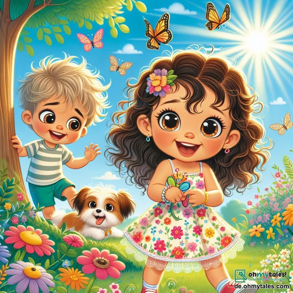 Ein 2-jähriges Mädchen, Lila, mit großen, funkelnden Augen und lockigem Haar, lächelt fröhlich beim Spielen in einem sonnigen Garten. Sie trägt ein buntes Kleid mit Blumen und hält ein kleines Schmetterlingsspielzeug in den Händen. Neben ihr versteckt sich ein 4-jähriger Junge, Max, mit zerzausten blonden Haaren und einem gestreiften T-Shirt, hinter einem großen Baum und lacht leise. Ein niedlicher kleiner Hund mit braunem und weißem Fell, dessen Schwanz wedelt, nähert sich ihnen, neugierig und freundlich. Der Garten ist voller leuchtender Blumen, flatternder Schmetterlinge und einem klaren blauen Himmel, was eine fröhliche und verspielte Atmosphäre schafft. Die Szene zeigt Lila und Max, die Verstecken spielen, während der Hund dazukommt und ihrem Spiel eine fröhliche Note verleiht.