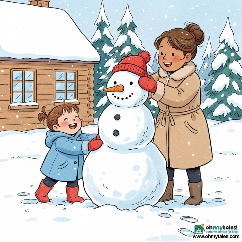 A joyful 2-year-old girl with a round face, rosy cheeks and short chestnut hair in small strands, wearing a sky-blue coat, red boots and thick mittens, pushes a large snowball to form the snowman's body while her smiling, attentive mother (about 30) with hair in a bun and a beige coat stands to her right, helping stack the balls and holding a red hat ready to place; the snowy yard in front of a wooden house with paned windows and a snow-covered roof, a few dusted firs and fresh footprints form the background; the scene shows a large white snowman with a red hat, two black stone buttons and an orange carrot nose, the girl laughing as the mother adjusts the hat, with soft, bright lighting and visible snow textures.