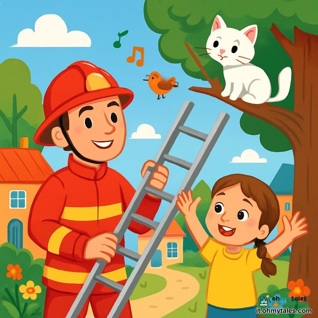 Un giovane pompiere, un uomo di circa 25 anni, sorridente e sicuro di sé, indossa un uniforme rosso brillante e un casco lucido. Tiene una scala, guardando con determinazione un gatto bianco appollaiato su un ramo. Accanto a lui, una bambina di 7 anni, con capelli castani in trecce e una maglietta gialla, agita le braccia con entusiasmo, chiamando il gatto. La scena si svolge in una pittoresca piazzetta di paese, con case colorate, alberi verdi e un cielo azzurro punteggiato di nuvole bianche. L'atmosfera è gioiosa e piena di energia, illustrando lo spirito di aiuto e coraggio.