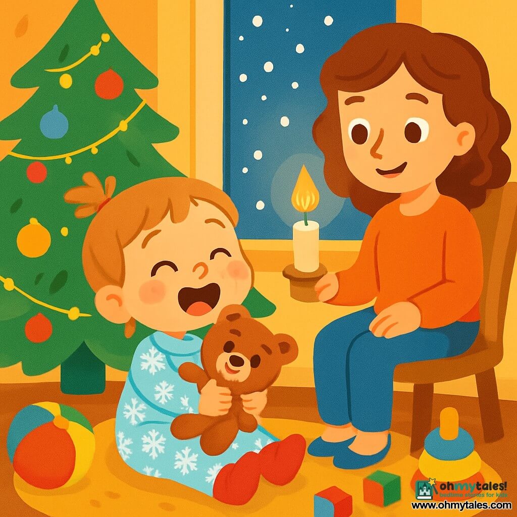 A 2-year-old girl with sparkling blue eyes and rosy cheeks is sitting on a fluffy rug surrounded by toys. She wears cozy red socks and a snowflake-patterned pajama. She smiles joyfully, holding her teddy bear close, enchanted by the magic of Christmas. Her mother, a woman in her 30s with curly brown hair, sits next to her in a chair, smiling and looking at the little girl with tenderness while holding a lit candle that casts a warm golden light in the room. The scene takes place in a cozy living room decorated with a sparkling Christmas tree adorned with colorful ornaments and twinkling lights. Snowflakes gently fall outside, creating a fairy-tale landscape through the window. The little girl sings happily, her eyes shining with excitement as she watches the tree lights and falling snow, filled with joy and wonder.