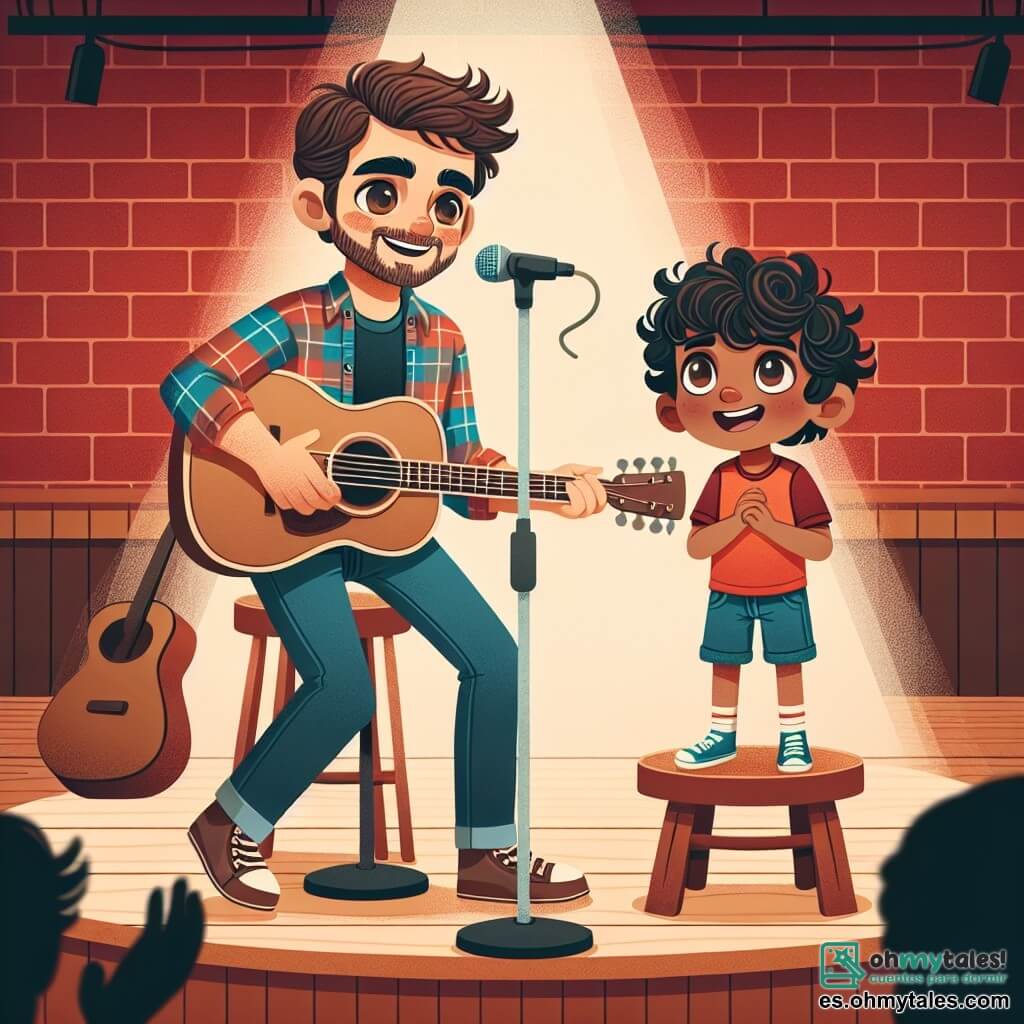 Un hombre de unos 35 años, llamado Diego, está en un pequeño escenario de madera con su guitarra en mano. Tiene el cabello castaño ligeramente ondulado, una barba bien cuidada y una sonrisa cálida que expresa alegría y pasión por la música. Lleva una camisa de cuadros colorida y jeans casuales, cautivando al público con su voz melodiosa. A su lado, un joven de 12 años, Lucas, se muestra nervioso y emocionado. Tiene el cabello negro y rizado, ojos brillantes de determinación, y viste una camiseta roja y un pantalón corto. Lucas mira a Diego con admiración, listo para cantar por primera vez. El lugar es un pequeño club de jazz, "El Rincón del Jazz", con paredes de ladrillo rojo y luces tenues que crean un ambiente acogedor. Las mesas de madera rodean el escenario, donde amigos y familias aplauden con entusiasmo, mientras notas de música flotan en el aire. La situación principal muestra a Diego animando a Lucas, quien se prepara para cantar por primera vez ante un público, con emoción y nerviosismo en el ambiente, mientras la magia de la música envuelve la escena.