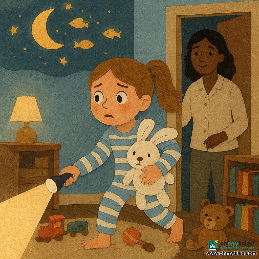 An 8-year-old girl, brave but a little anxious, flushed face, big bright eyes and light-brown pigtails, in blue-and-white striped pajamas, holds a lit flashlight in her right hand and rests her left on a white bunny lovey with a button nose; her mother (about 35) stands in the doorframe, gentle smile, light cotton shirt, caring gaze, hand on the jamb; the plush "Mr. Buttons" rabbit, with a drooping ear and browned nose, is tucked against the girl's cheek or in her arm with visible felt texture; the small warm bedroom has pale blue walls, a thick cream rug, a colorful bookshelf on the right, a wooden toy chest in shadow on the left, a bedside lamp on, and a star projector casting little golden fish and moons on the ceiling; a round low moon casts silver light through light curtains; the girl moves toward the dark corner with the toy chest, her flashlight beam revealing friendly toy shapes—wooden train, maracas, plushies—contrasting cut shadows and spots of light; graphic style: paper collage with cut textures, slightly irregular edges, soft-toned papers, paper-cut shadows and touches of gold for the projected stars.