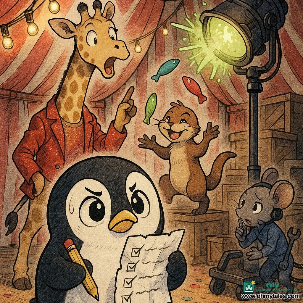Peppy the penguin is the small round black-and-white protagonist with bright eyes and a determined yet anxious expression, holding a crumpled checklist and a pencil tied to his flipper in the foreground; the troupe leader is a tall slender giraffe with beige fur and brown spots wearing a red sequined jacket, surprised and pointing up at a spotlight above them; a quick juggling otter with glossy brown fur and a mischievous grin tosses three colorful rubber fish in the background; a small grey mouse stagehand hiding near a cart wears a blue headset, whispers and points at the spotlight while holding a wrench; the backstage of a big red-and-white striped circus tent with worn wood, stacked prop boxes, warm string lights and confetti on the floor; main action: the central spotlight sputters and sneezes green pickle-like flashes, the penguin tries to fix the lamp using his checklist while the others bustle around in a hurried but cheerful atmosphere.