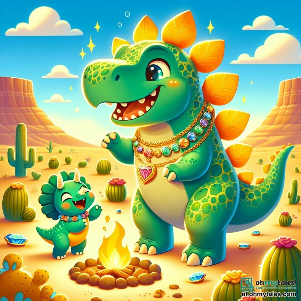 Een blije stegosaurus, genaamd Steggy, staat in het midden van de afbeelding, met zijn grote silhouet versierd met groene en glanzende platen op zijn rug. Zijn ogen stralen van opwinding terwijl hij glimlacht en een prachtige gouden ketting, versierd met edelstenen, in zijn voorpoten vasthoudt. Naast hem springt een kleine triceratops genaamd Trixie, met drie hoorns op haar hoofd en een groene huid, van blijdschap, haar ogen stralend van geluk. Ze draagt een ketting van kleurrijke bloemen en staat iets naar achteren, kijkend naar Steggy met bewondering. De achtergrond is een uitgestrekt en zonnig woestijnlandschap, bezaaid met cactussen in verschillende vormen en warme gekleurde rotsen, onder een helderblauwe lucht met enkele witte, donzige wolken. In de verte zijn gouden heuvels te zien die in de horizon vervagen. De belangrijkste situatie toont Steggy en Trixie die hun ontdekking van een waardevolle ketting vieren te midden van hun dinosaurusvrienden, die dansen en plezier maken rond een groot kampvuur, wat een feestelijke en blije sfeer creëert.
