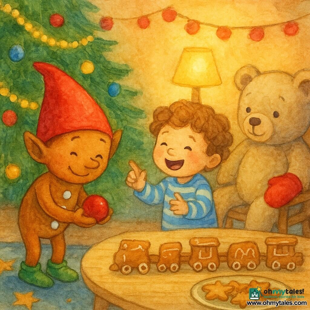 A mischievous smiling gingerbread elf (golden-brown skin) with a red pointed hat, white sugar buttons and shiny green shoes bows while holding a small shiny Christmas bauble; a laughing 3-year-old with curly hair in blue-and-white striped pajamas stands by the table applauding and pointing at a line of cookies arranged as a little train; a large beige teddy bear with a red mitten on its shoulder sits on a chair looking fondly; warm interior decorated for Christmas with a dense green tree, gold garlands and colored baubles, a red pompom garland, a light wooden table with a plate of cookies, a star-pattern rug and soft lamp light; central moment: the elf has aligned the train-shaped cookies, a bauble falls and he gently picks it up while the child laughs—tender mood, soft bright colors, visible watercolor texture and granulation.