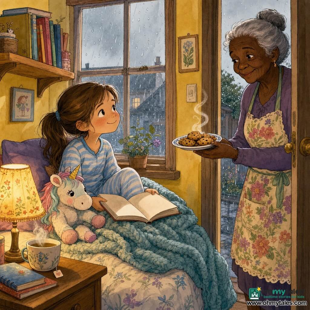 An 8-year-old sick but smiling girl with slightly rosy pale cheeks and brown pigtails in light-blue striped pajamas sits on a windowsill wrapped in a thick wool blanket with an open book on her lap while a kindly ~70-year-old neighbor with gray hair in a bun and a floral apron stands at the doorway on the right offering a plate of warm cookies; a worn pastel unicorn comforter rests near the girl's hands, the small cozy bedroom has pale yellow walls, a wooden shelf with books and a steaming cup of herbal tea on the nightstand, raindrops streak the window, and warm bedside lamp light contrasts with the gray rainy afternoon outside.