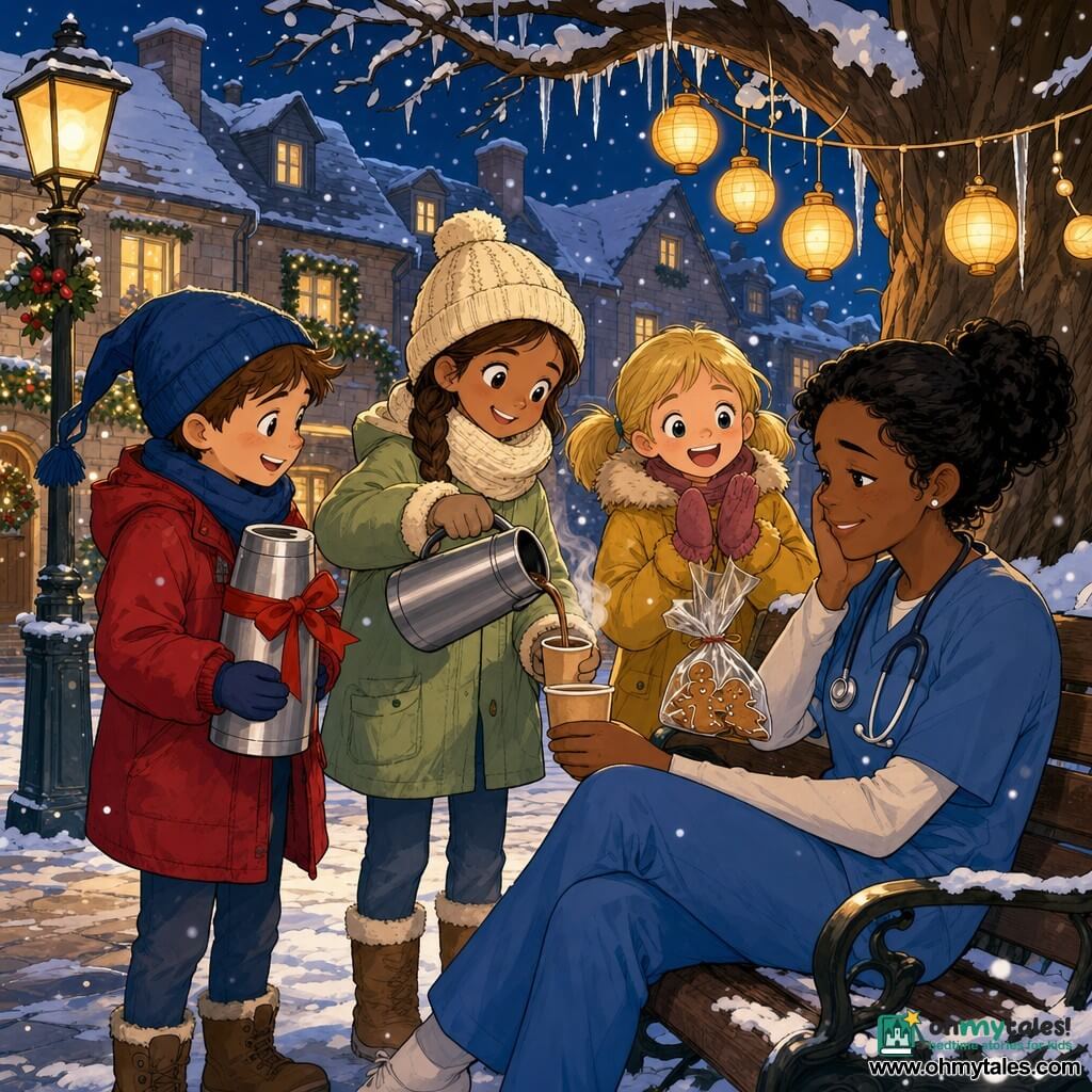 Three children: Tom, 10, short brown hair, blue hat with long pompom and red coat, holding a large silver thermos with a red ribbon; Nora, 10, brown braided hair, cream knit hat and light green coat, smiling as she pours hot chocolate into a paper cup; Emma, 9, blonde pigtails, mustard parka, holding a small bag of ginger cookies and clapping joyfully. They stand by a bench under a tree lit with small round lanterns, snowy sidewalk and an old streetlamp nearby, stone houses with wreaths and a twilight indigo sky with falling snow. The three offer hot chocolate from the thermos to a tired nurse sitting on the bench; warm, festive atmosphere with steam rising from cups and golden lantern light on their faces.