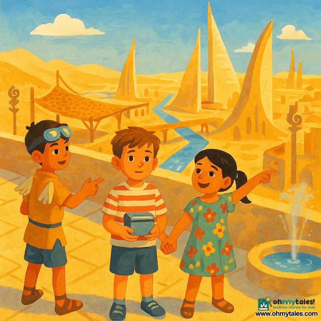 Three children on a pale stone terrace overlooking the dune city of Dunehaven: Noah, about 10, tousled light-brown hair, striped tee and shorts, stands slightly forward holding a small shiny metal box, shy but determined; Maya, about 10, black hair in pigtails, floral dress, to Noah’s right, smiling, holding his hand and pointing to the city below; Zed, about 11, tanned, goggles on his forehead, sandy-colored light clothing with small decorative wings, to Noah’s left, gesturing toward a sand-sailer race below. Behind them a small citizens’ council listens as Noah speaks softly; the city breathes—wind in hollow wind-catchers, shadow patterns from woven panels, narrow shimmering canals, pale sand with sand-sailers racing and fine fountain mists—warm sandy tones and soft blues, visible textures of braided fabric, polished stone and slightly patinated metal.