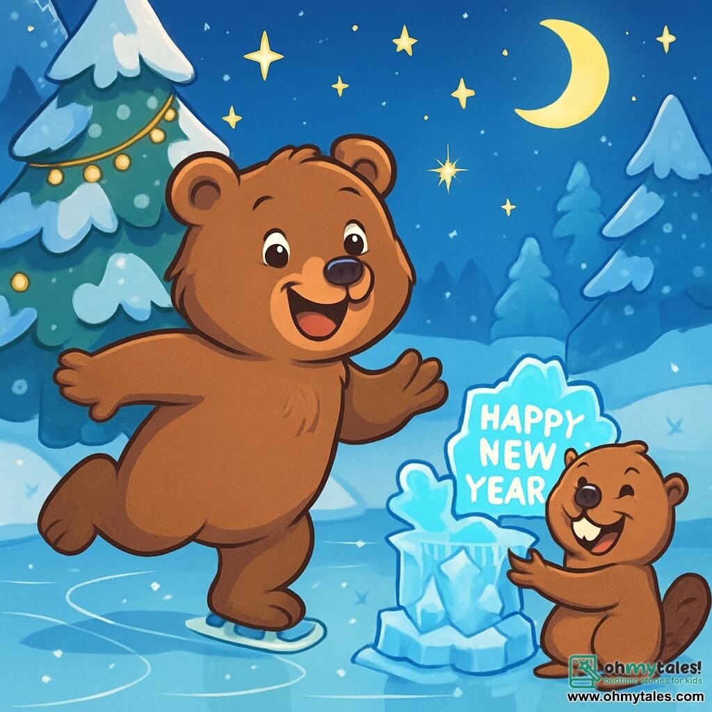 A brown bear named Benjamin, with soft and silky fur, joyfully stands on a frozen lake, his eyes sparkling with happiness and a wide smile on his face. He glides gracefully on the ice, his paws leaving delicate traces in the snow. Beside him, a mischievous beaver named Baxter, with brown fur and prominent teeth, laughs with joy while holding a small ice sculpture, his eyes shining with excitement. The setting is a beautiful winter landscape, with majestic trees covered in sparkling snow, twinkling stars illuminating the night sky, and bright garlands hanging from the branches. The scene captures the moment when Benjamin and Baxter, surrounded by their animal friends, prepare to celebrate the New Year, the atmosphere filled with joy and anticipation as they admire the ice sculpture adorned with a "Happy New Year" sticker that glows under the moon.