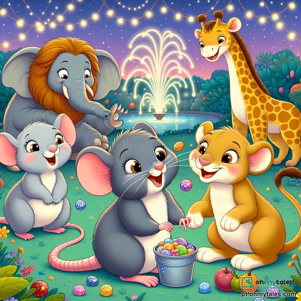 Um pequeno rato chamado Remy, com pelagem cinza suave e olhos brilhantes de curiosidade, está em pé sobre as patas traseiras, com um grande sorriso no rosto, segurando um pequeno balde cheio de pedras coloridas e brilhantes. Ao lado dele, uma elefanta chamada Eloá, com grandes orelhas e pele cinza, se inclina para frente com um ar alegre, admirando as pedras. Ao fundo, um leão chamado Leôncio, com uma exuberante juba dourada, ri enquanto tenta malabarismos com frutas, enquanto uma girafa chamada Giovana, com seu longo pescoço e pelagem manchada, dança graciosamente ao redor deles. A cena acontece em um parque verdejante, sob um céu estrelado, com uma grande fonte cintilante no centro, cercada por flores coloridas e risadas de animais. Remy e seus amigos celebram a incrível descoberta de um tesouro, cheios de alegria e excitação, criando uma atmosfera festiva e amigável.