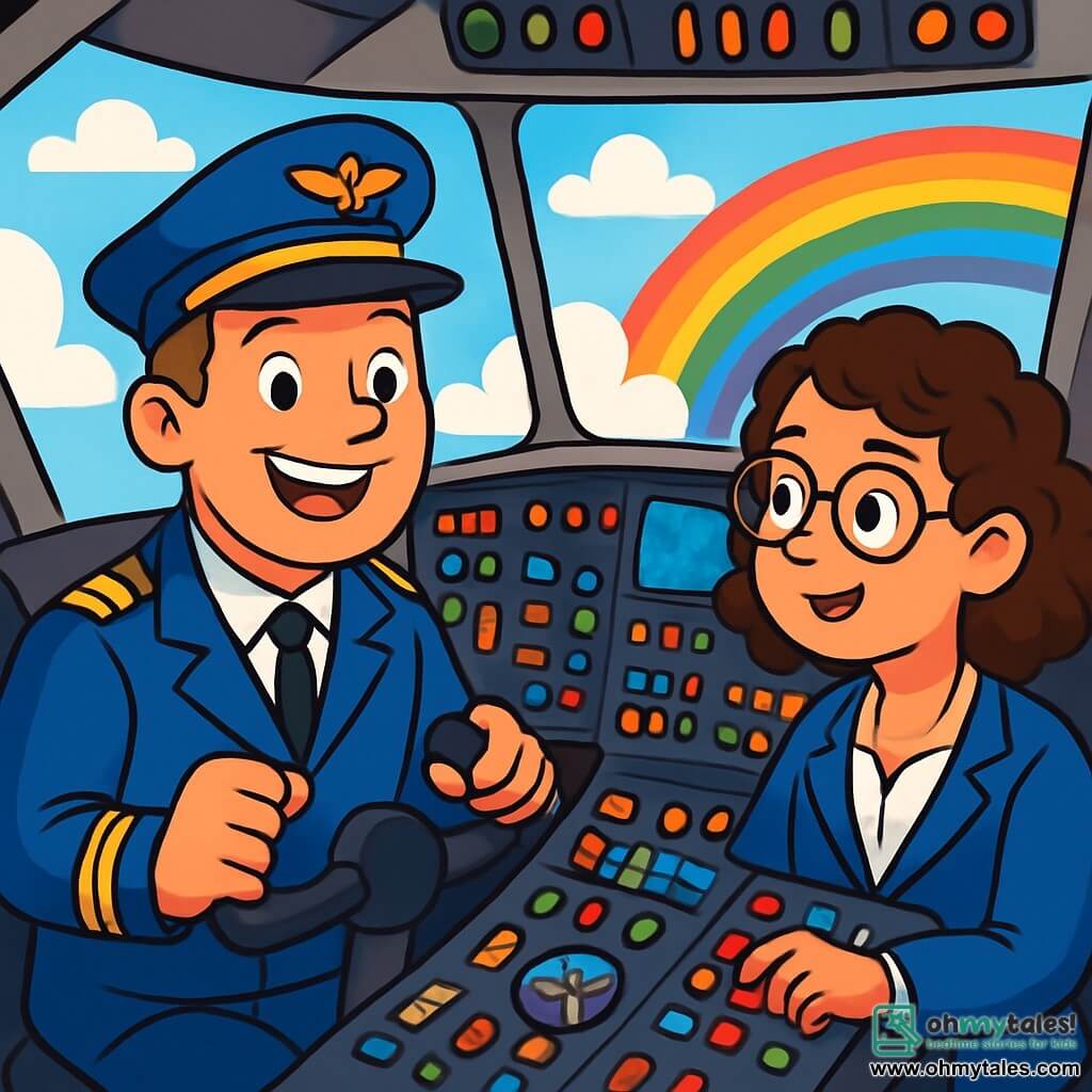 Captain Max stands in the cockpit of a large airplane, his face beaming with joy and excitement. He wears a shiny blue uniform with golden epaulettes and a pilot's hat adorned with an airplane insignia, smiling widely while holding the controls. Next to him is Sally, his co-pilot, around 30 years old, with round glasses and curly hair, focused and enthusiastic as she consults a dashboard filled with colorful buttons. The cockpit is filled with blinking lights, dials, and levers, with large windows offering a spectacular view of a blue sky dotted with fluffy white clouds. In the background, a vibrant rainbow stretches across the sky, adding a magical touch to the scene. The main focus shows Captain Max and Sally preparing for their flight, surrounded by cockpit equipment, ready to take off on new adventures in the skies.