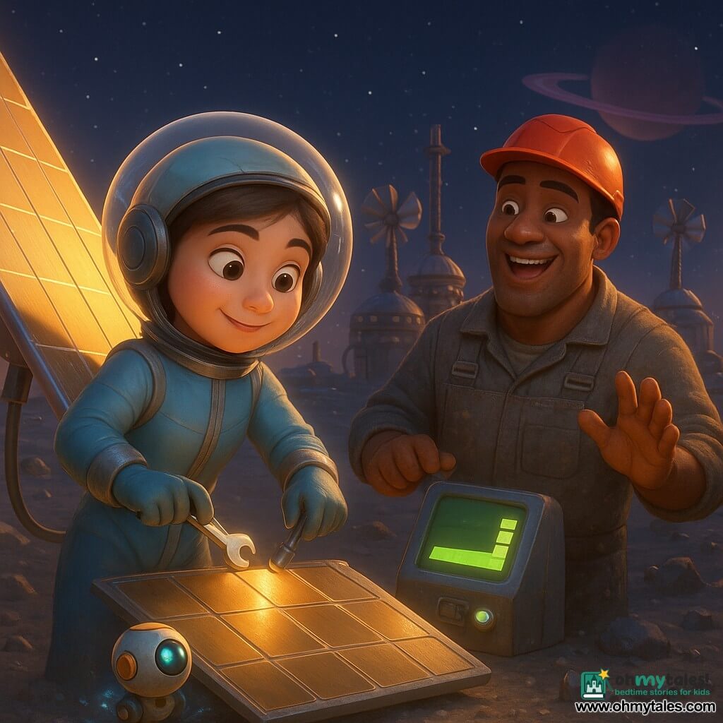 Captain Mira, a smiling focused young woman with short brown hair under a transparent helmet in a light-blue spacesuit with silver stripes, delicately adjusts a large solar panel with a shiny wrench while Max, about 35, stocky in a red helmet and rock-powder-stained metal overalls, stands by a control panel applauding and pointing to a rising energy gauge; a small round white-and-yellow robot with blue lights rolls at Mira’s feet sending friendly sparks; the asteroid mining station has silver-sheet roofs, twisted cables, tall solar-panel towers, glowing boxes and gray rocky ground studded with glittering crystals; the deep-space background shows dense stars, a distant ringed purple planet and a low sun casting golden light and long shadows, creating a joyful cooperative mood and a small technical triumph at dusk.
