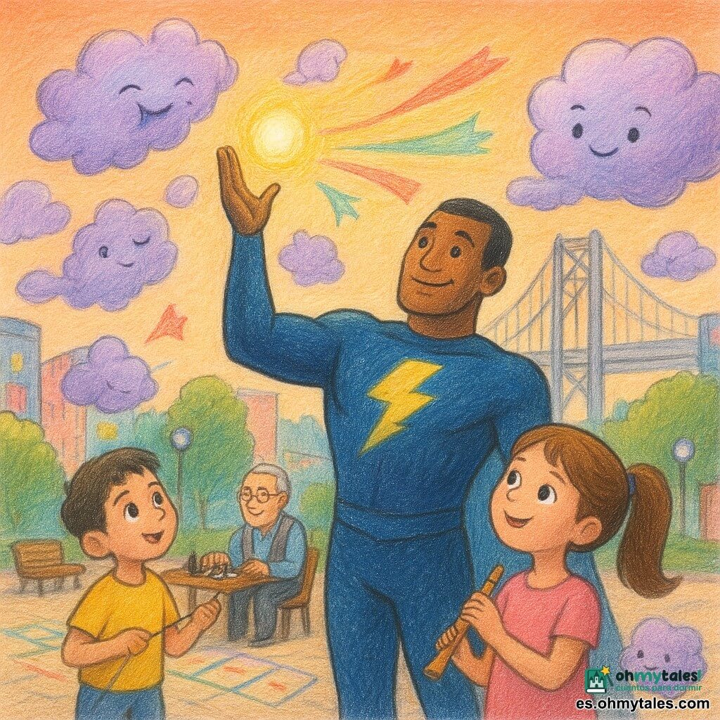 Un superhéroe alto y sonriente de piel morena con traje azul oscuro brillante y un gran rayo celeste en el pecho, postura serena y mano abierta al cielo guiando una pequeña esfera luminosa que dirige el viento; a su derecha, en primer plano, una niña de unos 8 años con coleta y vestido rosa sostiene una pequeña flauta y mira maravillada; a la izquierda, un niño de unos 7 años de cabello corto y camiseta amarilla sujeta la cuerda de una cometa en forma de pez sobre una marelle pintada en el suelo; al fondo, dos ancianos de unos 70 años con cabello gris, gafas y chalecos juegan ajedrez sonriendo mientras observan las cometas; varios nubecitas violetas juguetonas y esponjosas llamados "Brisa Amable", de ojos pícaros pero suaves, soplan para elevar cometas multicolores y una nubecita tímida está junto al héroe; lugar: una plaza urbana colorida cerca del Puente Aéreo Arcoaluz, un gran puente colgante plateado y acristalado al fondo, edificios con motivos infantiles, bancos de madera, farolas redondas y banderolas; ambiente vespertino con cielo anaranjado-rosado, escena luminosa y festiva, trazos de lápiz de color y paleta cálida y saturada.