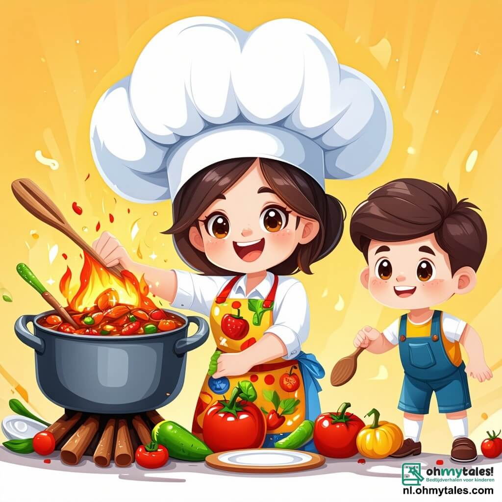 Chef Mia, een vrolijke vrouw van een dertig jaar, draagt een grote witte koksmuts die boven haar hoofd uitsteekt, een kleurr apron met groentepatronen en een grote glimlach op haar gezicht. Ze roert in een grote pan op het vuur, haar ogen stralen van opwinding terwijl ze haar beroemde Magische Stoofpot bereidt. Naast haar staat Tim, een tienjarig jongetje met rommelig bruin haar en nieuwsgierige ogen. Hij houdt een grote houten lepel vast, klaar om Chef Mia te helpen, en kijkt verwonderd naar de pan. De scène speelt zich af in een warme en uitnodigende keuken, met houten muren, planken vol kleurrijke specerijen en verse groenten op een marmeren werkblad. Zacht zonlicht valt door een raam en verlicht de ruimte met een magische sfeer. In deze illustratie zijn Chef Mia en Tim druk bezig met de voorbereiding van de Magische Stoofpot, omringd door kleurrijke ingrediënten die om hen heen dansen, wat een vrolijke en creatieve sfeer creëert.