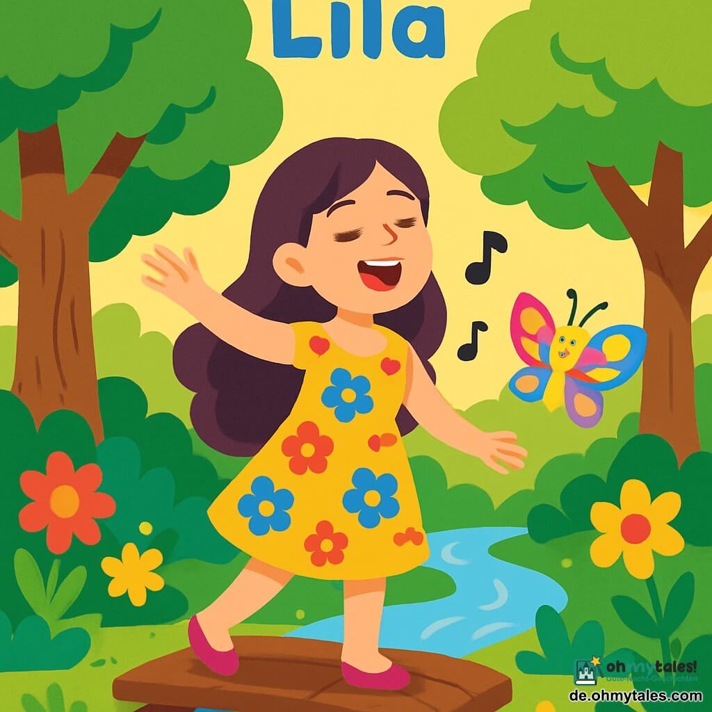 Eine etwa 25-jährige Frau namens Lila mit langen, gewellten Haaren und einem bunten Blumenkleid steht auf einer kleinen Holzbrücke und singt fröhlich. Ihr Gesicht strahlt vor Glück, mit einem breiten Lächeln und funkelnden Augen. Neben ihr fliegt ein kleiner Schmetterling mit bunten Flügeln, der voller Freude um sie herumflattert und nach seinen verlorenen Farben sucht. Der Ort ist ein verzauberter Wald mit majestätischen Bäumen, leuchtenden Blumen und einem sanften Bach, der in der Sonne glitzert. Das Licht filtert durch die Blätter und schafft ein Spiel tanzender Schatten auf dem Boden. Lila singt für den Schmetterling, der von ihrer Freundlichkeit berührt wird und beginnt, seine Farben zurückzugewinnen, was die Szene mit strahlender Magie erhellt.