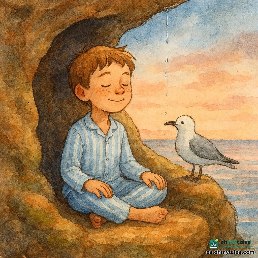 Un niño de 10 años, tranquilo, sentado en una hendidura de roca calentada por el sol, ojos entrecerrados y ligera sonrisa, manos sobre las rodillas, respiración lenta; pelo castaño claro corto, pecas en la nariz, pijama a rayas azul pálido y pies descalzos rozando la piedra tibia. A su lado, una pequeña gaviota blanca y gris inclina la cabeza como si escuchara su respiración. Un hilo de agua gotea desde una fisura creando "plof" regulares y salpicaduras suaves. Lugar: una roca redondeada en la costa al crepúsculo, con musgo en las grietas, mar calmado con reflejos rosados y cielo azul-gris y rosa pálido; ambiente sereno, cálido y seguro.