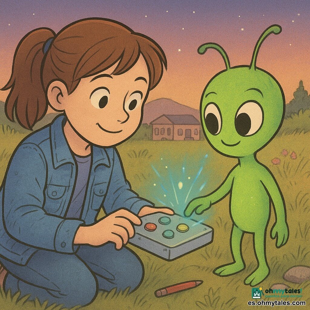 Elena, niña de 10 años, concentrada, con coleta castaña y chaqueta azul gastada, sentada en un talud junto a una caja plana plateada con botones de colores; Tili, pequeña criatura extraterrestre verde brillante con ojos expresivos y antenas finas, de pie frente a ella; la caja emite luces azul y verde mientras reparan juntos, con chispas suaves y gestos de alegría y complicidad; al fondo, al crepúsculo, hierba dorada, flores silvestres y una escuela difuminada bajo un cielo violeta-anaranjado; estilo de líneas suaves, colores pastel y textura de lápiz, composición centrada en sus manos y la caja luminosa.