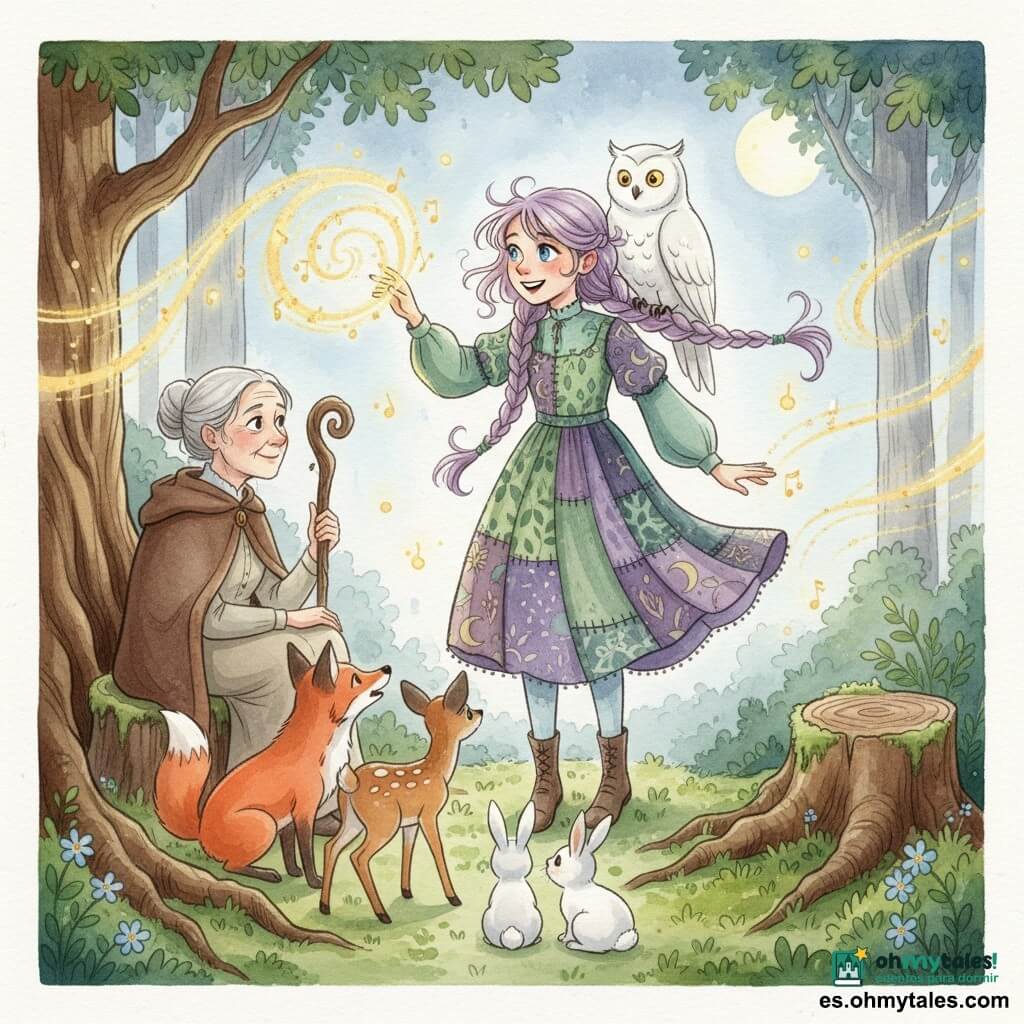 Una joven bruja llamada Lila, de cabello lila en trenzas flotantes y ojos brillantes como estrellas, sonriente y maravillada, traza con la mano derecha una runa luminosa en el aire; viste un vestido patchwork verde y morado con motivos de hojas y lunas; Maura, una anciana de unos 70 años de piel arrugada y cabello gris en moño, la observa orgullosa sentada en un tocón musgoso con capa marrón y bastón tallado; una gran lechuza blanca en el hombro izquierdo de Lila, un zorro rojizo, un cervatillo moteado y dos conejos blancos se acercan tímidamente; claro de bosque a la luz de la luna con suelo de musgo, raíces de roble, flores azules, luciérnagas doradas y niebla plateada; la runa se forma en volutas luminosas y pequeñas notas musicales doradas que conectan a la bruja con los animales en una atmósfera mágica y serena.