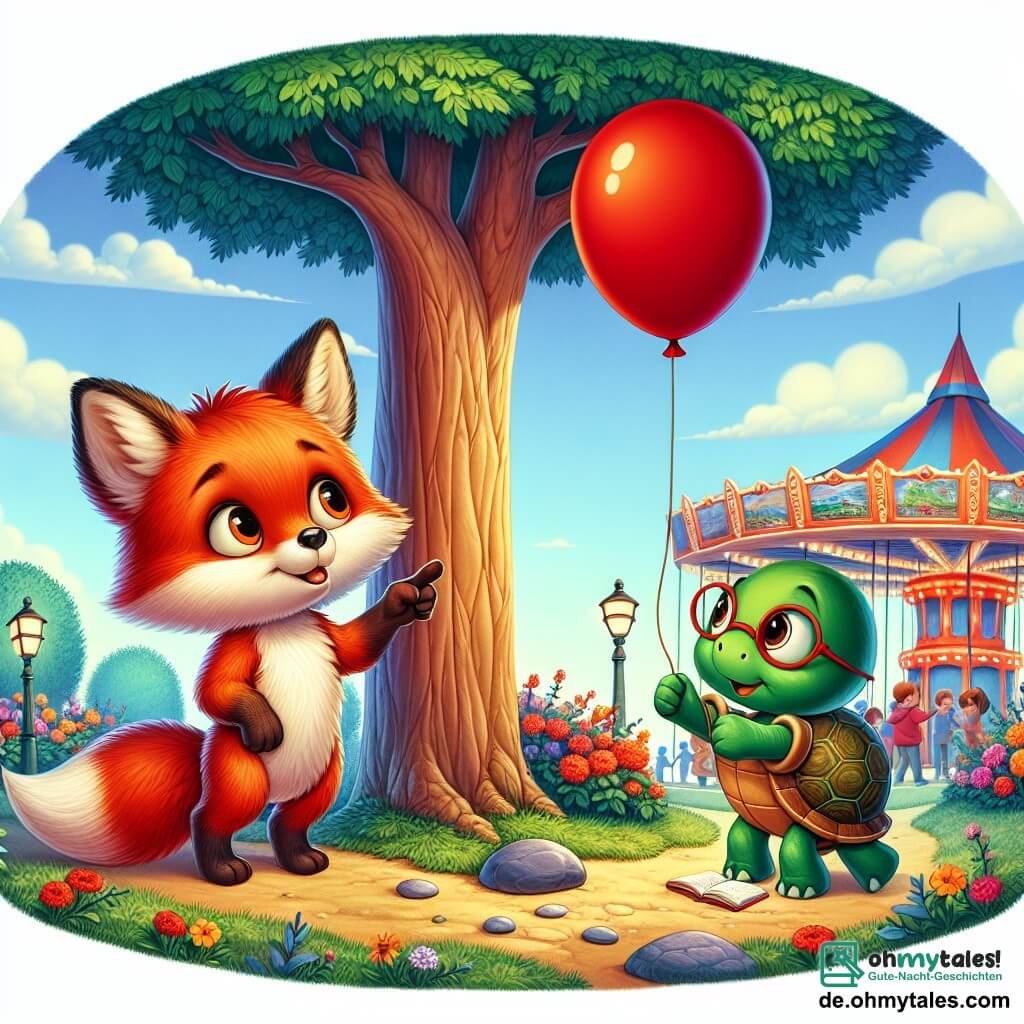Ein kleiner Fuchs mit großen Ohren und leuchtend orangefarbener Fellfarbe, dessen Augen vor Neugier funkeln, steht auf seinen Hinterbeinen und schaut entschlossen auf einen großen Baum. Er zeigt mit dem Finger auf einen roten Ballon, der an einem Ast hängen geblieben ist, und sein Ausdruck verrät eine Mischung aus Aufregung und Neugier. Neben ihm sitzt eine kleine Schildkröte mit grünem Panzer und runden Augen, die konzentriert in einem kleinen Notizbuch Notizen macht, während sie auf einem flachen Stein sitzt. Im Hintergrund schafft ein bunter Park mit leuchtenden Blumen, spielenden Kindern und einem fröhlich drehenden Karussell eine festliche Atmosphäre. Die Szene zeigt den Moment, in dem die beiden Freunde, kleine Ermittler, den roten Ballon entdecken, der im Baum feststeckt, ein Symbol für ihre Suche nach dem verlorenen Spielzeug eines Kindes.