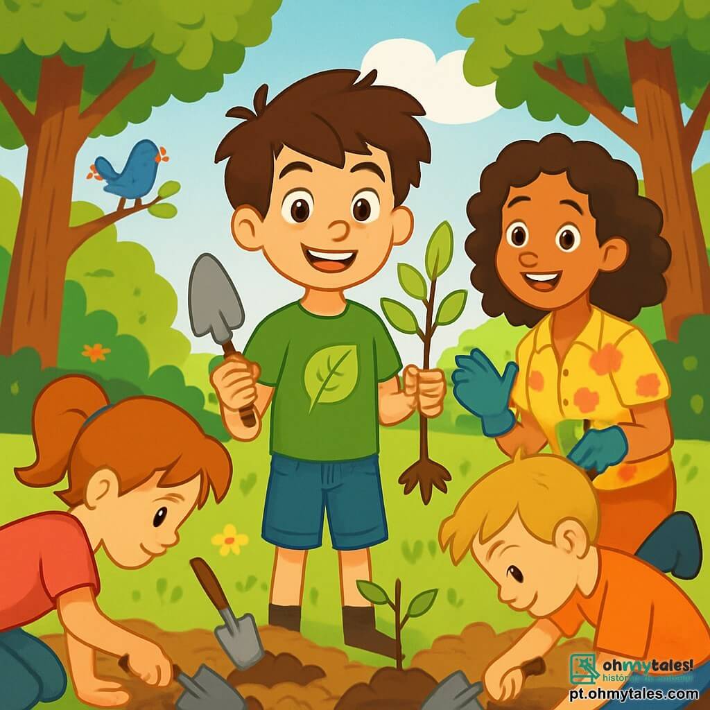 Um garoto de 12 anos, chamado Pedro, com cabelos castanhos bagunçados e olhos brilhantes de curiosidade, está no centro da cena, com um sorriso radiante no rosto. Ele usa uma camiseta verde vibrante com um logo de folha e um short de jeans, segurando uma pequena pá nas mãos, pronto para plantar uma jovem árvore. Ao seu lado, Ana, uma mulher de cerca de 30 anos, com cabelos cacheados e um sorriso caloroso, veste uma camisa florida e luvas de jardinagem, incentivando as crianças ao seu redor. O cenário é uma clareira ensolarada no coração de uma floresta verdejante, com árvores majestosas e folhas brilhantes, flores coloridas espalhadas pelo chão e pássaros cantando nos galhos. A situação principal mostra Pedro e Ana, cercados por outras crianças, plantando árvores juntos, cada um cavando buracos na terra solta, cheios de entusiasmo e determinação para salvar sua floresta.