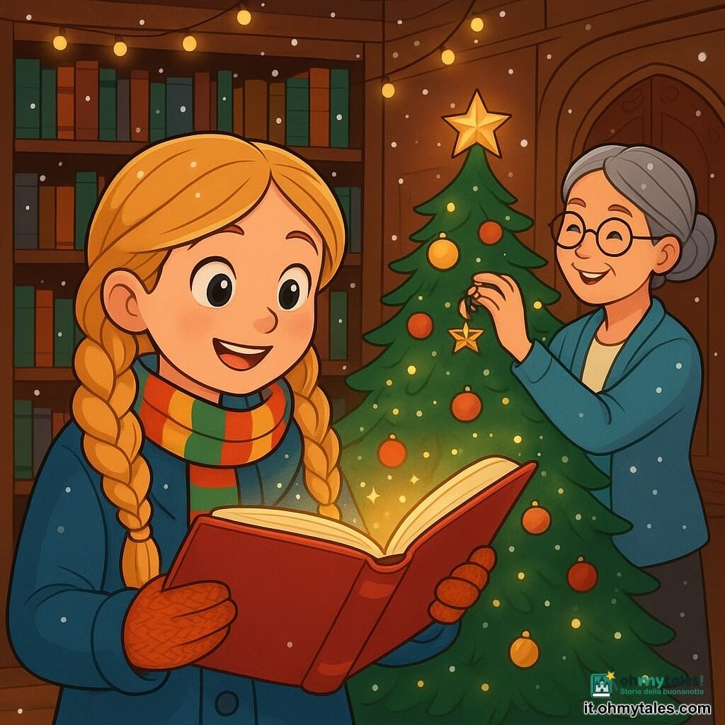 Una ragazza di 10 anni, di nome Bianca, con lunghi capelli biondi intrecciati e occhi brillanti di curiosità, sorride meravigliata tenendo un grande libro rosso aperto davanti a sé. Indossa un cappotto di lana blu, una sciarpa colorata e guanti di lana, mentre la neve scende dolcemente intorno a lei, creando un'atmosfera magica. Accanto a lei, una bibliotecaria sorridente di circa 50 anni, con occhiali tondi e capelli grigi raccolti, sistema una piccola decorazione dorata su un albero di Natale. Si trova vicino a una porta in legno decorata, guardando Bianca con benevolenza. La scena si svolge in una biblioteca accogliente, con muri in legno scuro, piena di libri dalle copertine colorate. Ghirlande luminose brillano al soffitto e un grande albero di Natale troneggia in un angolo, illuminato da piccole luci. Bianca scopre il libro magico che si illumina sotto le sue dita, circondata da fiocchi di neve che danzano nell'aria, mentre la bibliotecaria la incoraggia a immergersi nel mondo delle storie di Natale.
