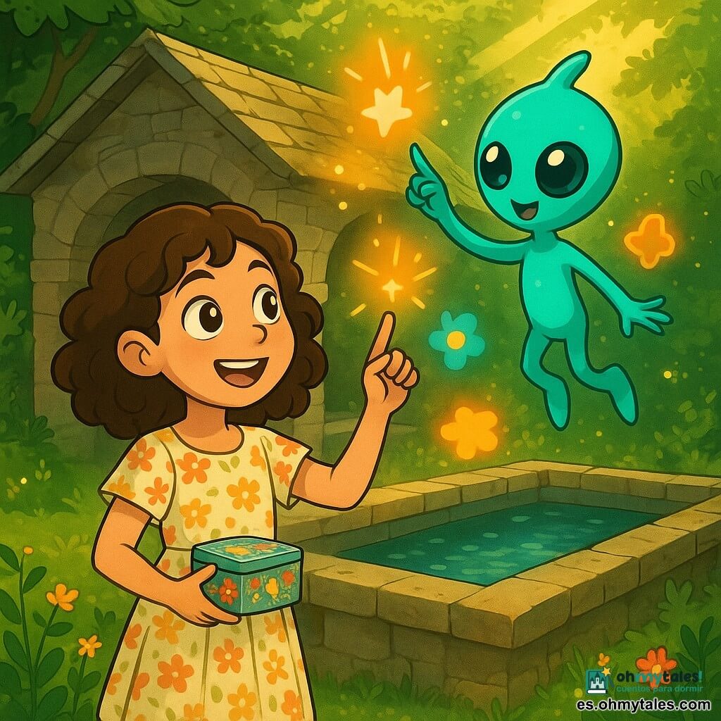 Una niña de 10 años, Clara, con cabello castaño rizado y ojos llenos de curiosidad, está cerca de un antiguo lavadero de piedra, su rostro iluminado por una mezcla de asombro y alegría. Lleva un vestido ligero de flores y sostiene una pequeña caja de metal decorada con dibujos coloridos. A su lado, un pequeño extraterrestre llamado Lúm, con piel brillante de color turquesa y grandes ojos redondos, danza alegremente en el aire, sus manos delicadas formando gestos de luz. El lavadero está rodeado de vegetación, con flores silvestres y rayos de sol filtrándose a través de las hojas, creando una atmósfera mágica y pacífica. Clara y Lúm juegan juntos, haciendo gestos que producen destellos de luz, mientras recuerdos coloridos flotan a su alrededor, iluminando el paisaje con una suave melodía visual.