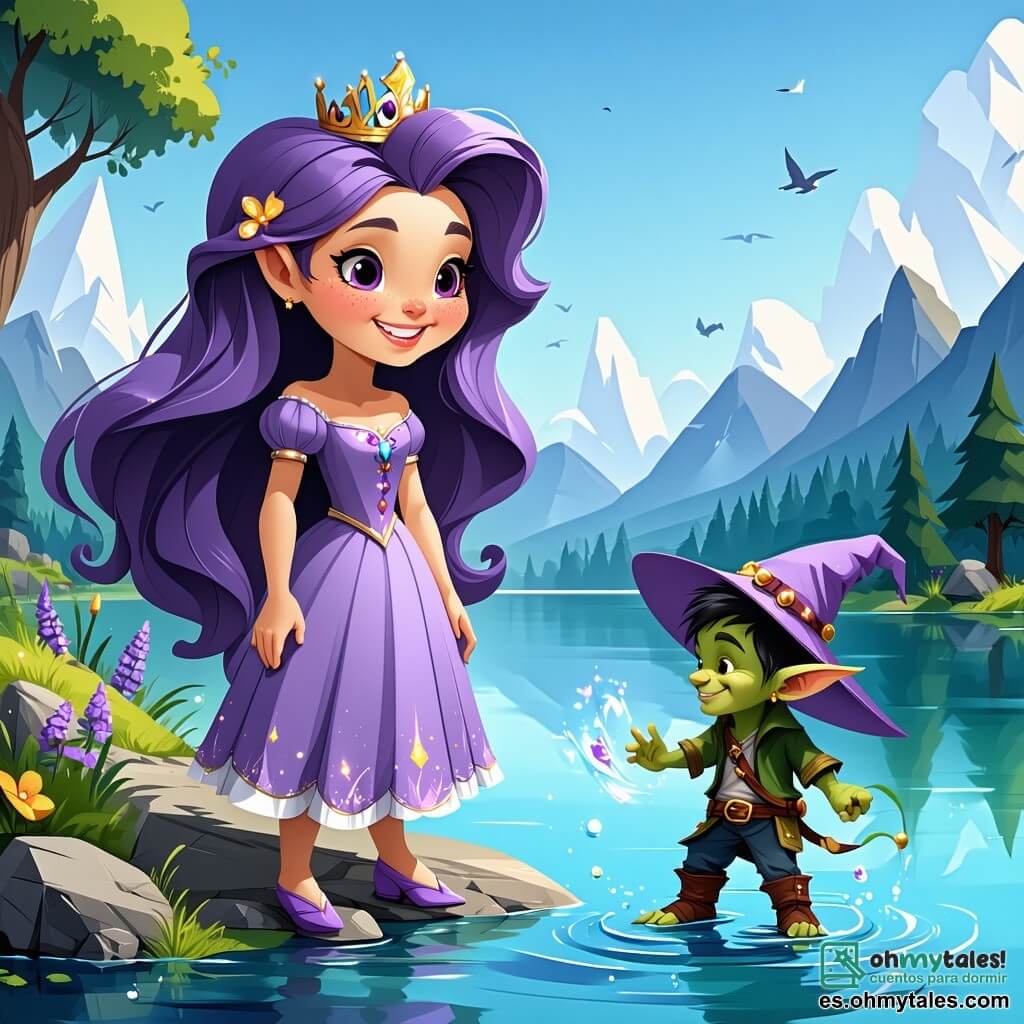 Una princesa alegre, llamada Lila, con largos cabellos ondulados de color violeta y un vestido brillante adornado con flores doradas, se encuentra al borde de un lago cristalino. Tiene una gran sonrisa radiante y ojos chispeantes de picardía, mirando con asombro a un pequeño duende llamado Pipin. Pipin, un niño de baja estatura con un gran sombrero puntiagudo y botas que tintinean como campanitas, salta de alegría a su lado, su rostro iluminado de felicidad. El lago, rodeado de árboles violetas con hojas brillantes, refleja el cielo azul claro y las risas de las hadas que bailan a su alrededor. Las hadas, con sus alas coloridas y vestidos ligeros, vuelan en círculos, creando destellos de luz en el aire. La escena principal muestra a Lila y Pipin riendo juntos, rodeados de burbujas de agua que estallan de alegría, mientras buscan la risa perdida de Pipin.
